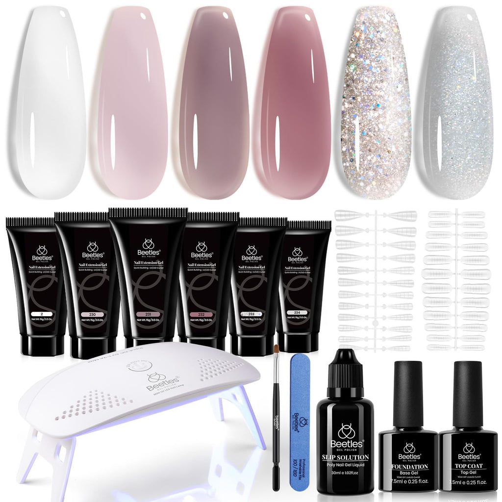 Beetles Gel Polish Nail Extension Kit with Mini UV Lamp – Frosted Grape, 6 Colors