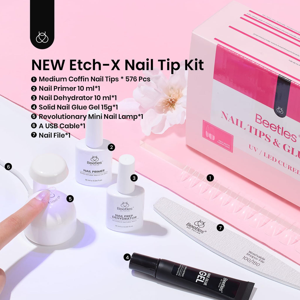 Beetles Gel Nail Kit Medium Coffin with Primer, Dehydrator & 576 Half Matte Tips + Mini Lamp