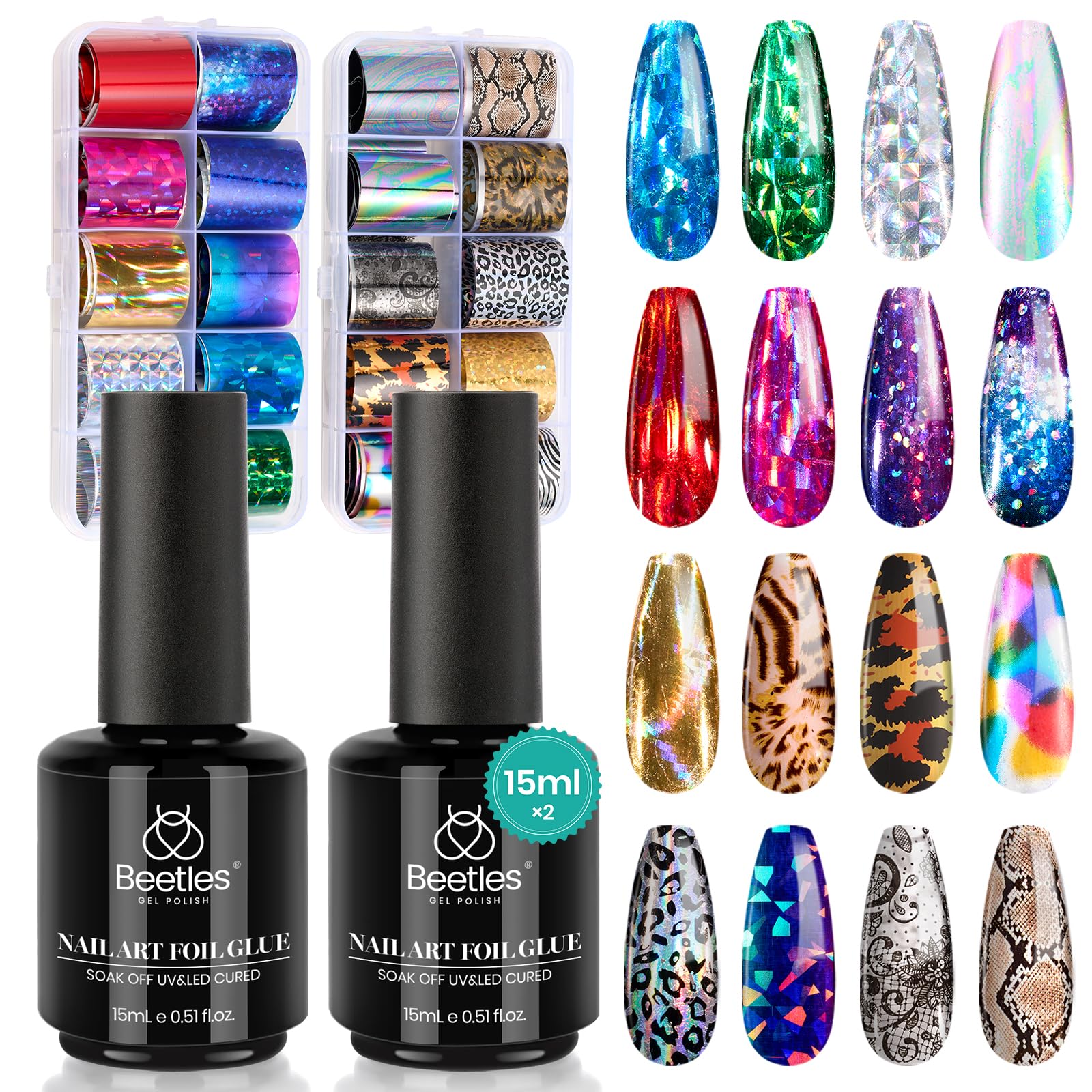 Beetles Nail Foil Art Kit – 20 Foils, 30ml Glue Gel, Metal Holographic & Leopard Stickers