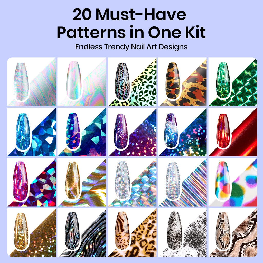 Beetles Nail Foil Art Kit – 20 Foils, 30ml Glue Gel, Metal Holographic & Leopard Stickers