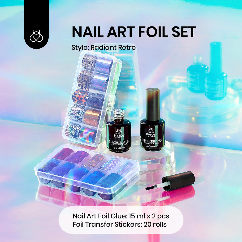 Beetles Nail Foil Art Kit – 20 Foils, 30ml Glue Gel, Metal Holographic & Leopard Stickers