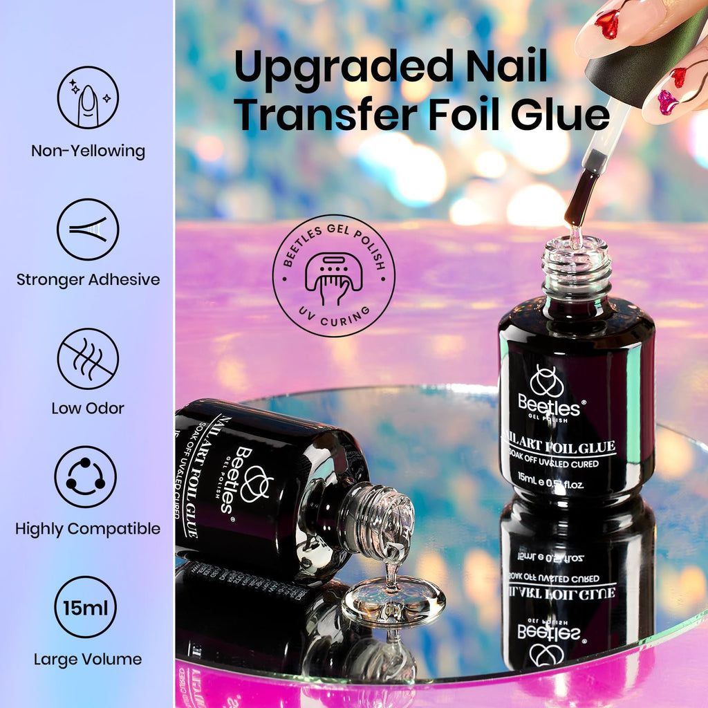 Beetles Nail Foil Art Kit – 20 Foils, 30ml Glue Gel, Metal Holographic & Leopard Stickers