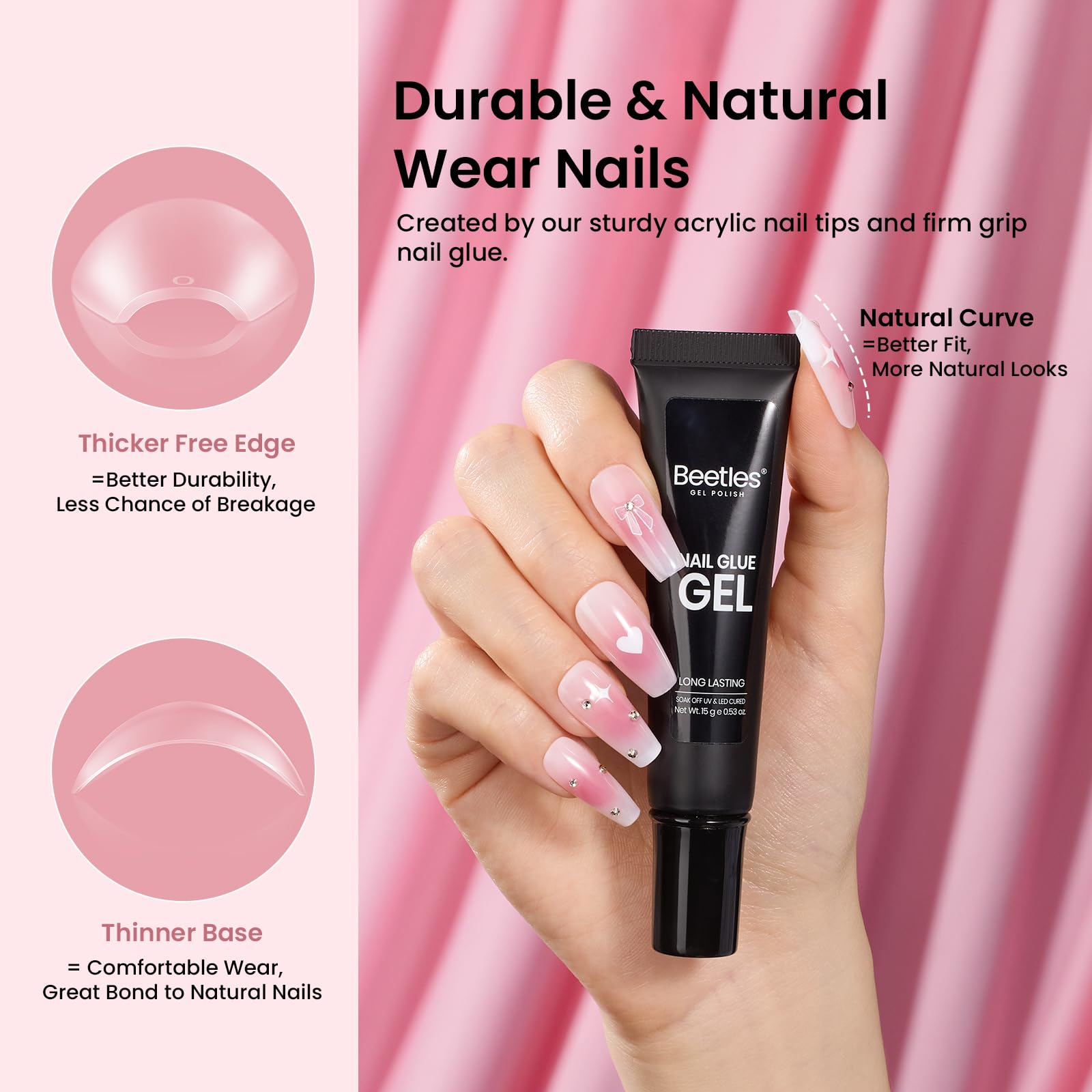 Beetles Gel Nail Kit Medium Coffin with Primer, Dehydrator & 576 Half Matte Tips + Mini Lamp