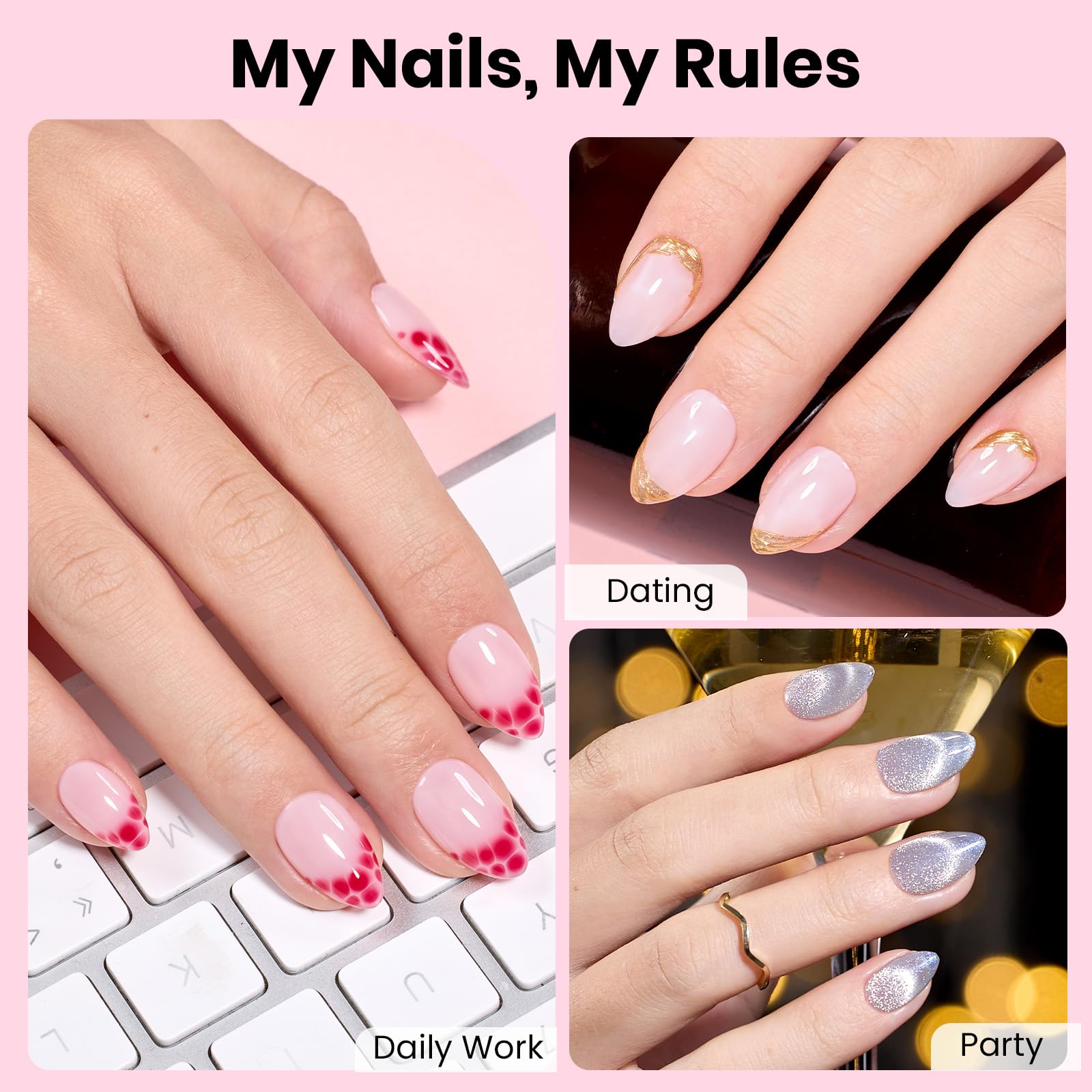 Beetles Gel Nail Kit Flat-X Almond Short – 320pc Tips, 15g Glue Gel, Base & Top Coat, Mini UV Lamp