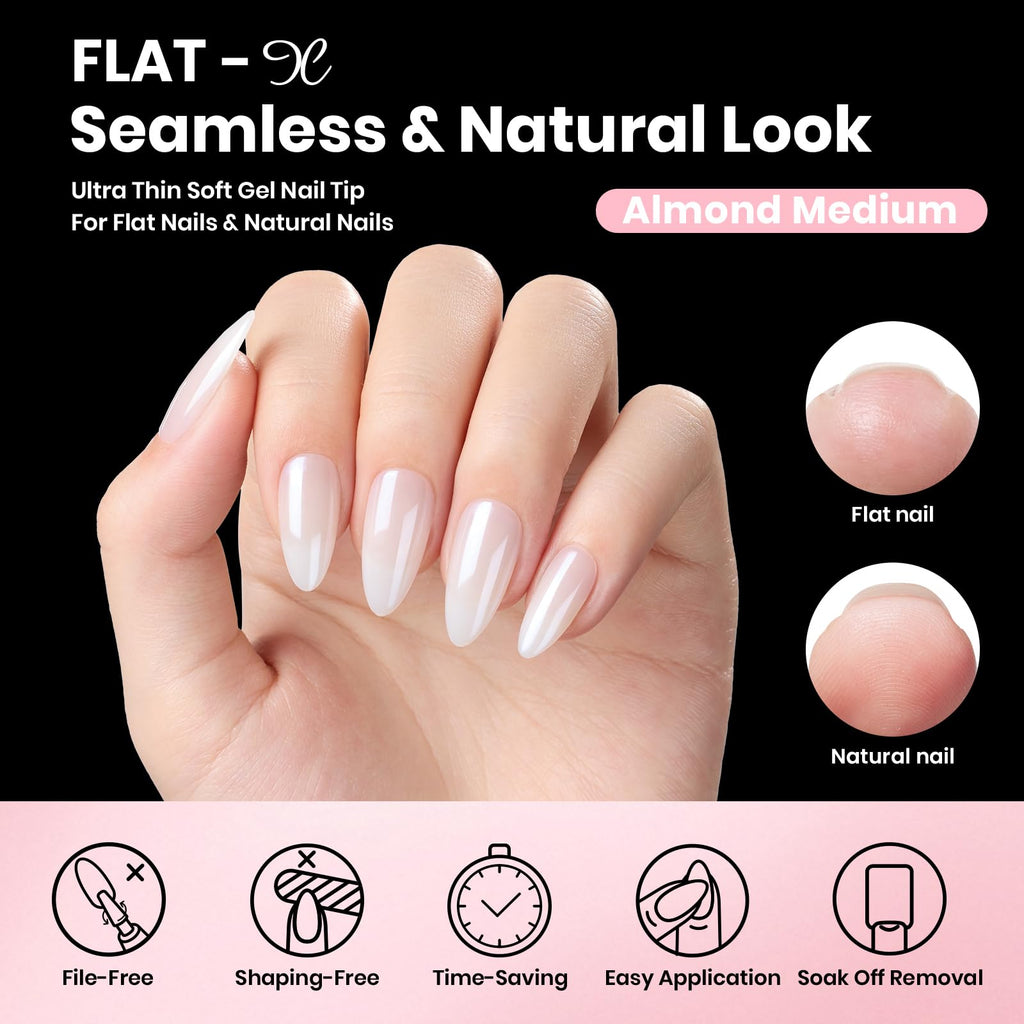 Beetles Gel Nail Kit Flat-X Almond Medium – 320 Tips, Glue Gel, Base & Top, Mini Lamp