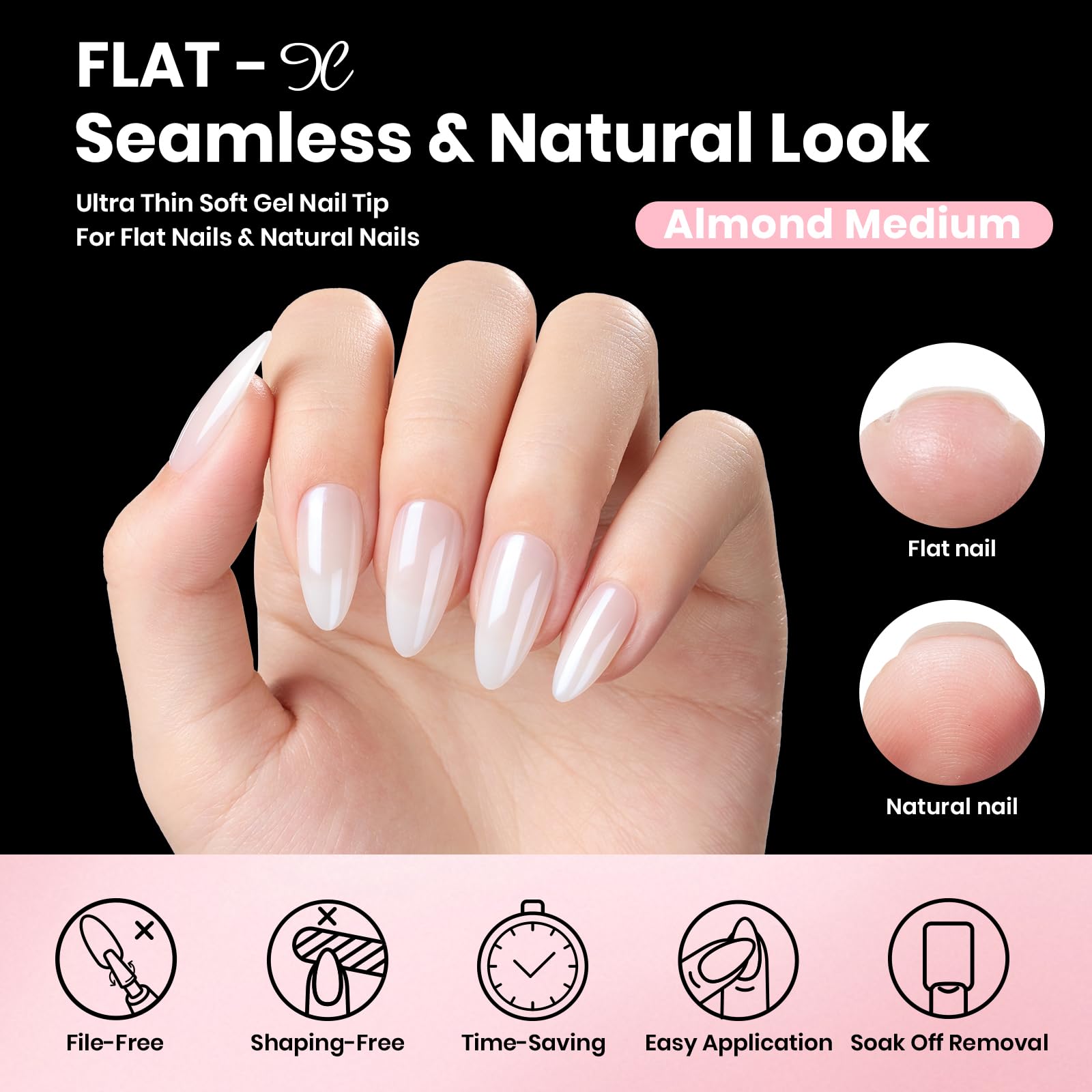 Beetles Gel Nail Kit Flat-X Almond Medium – 320 Tips, Glue Gel, Base & Top, Mini Lamp
