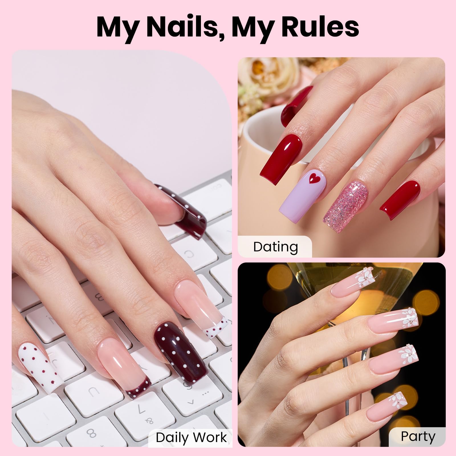 Beetles Gel Nail Kit Flat-X Square Medium – 320 Tips, Glue Gel, Base & Top Coats, Mini Lamp