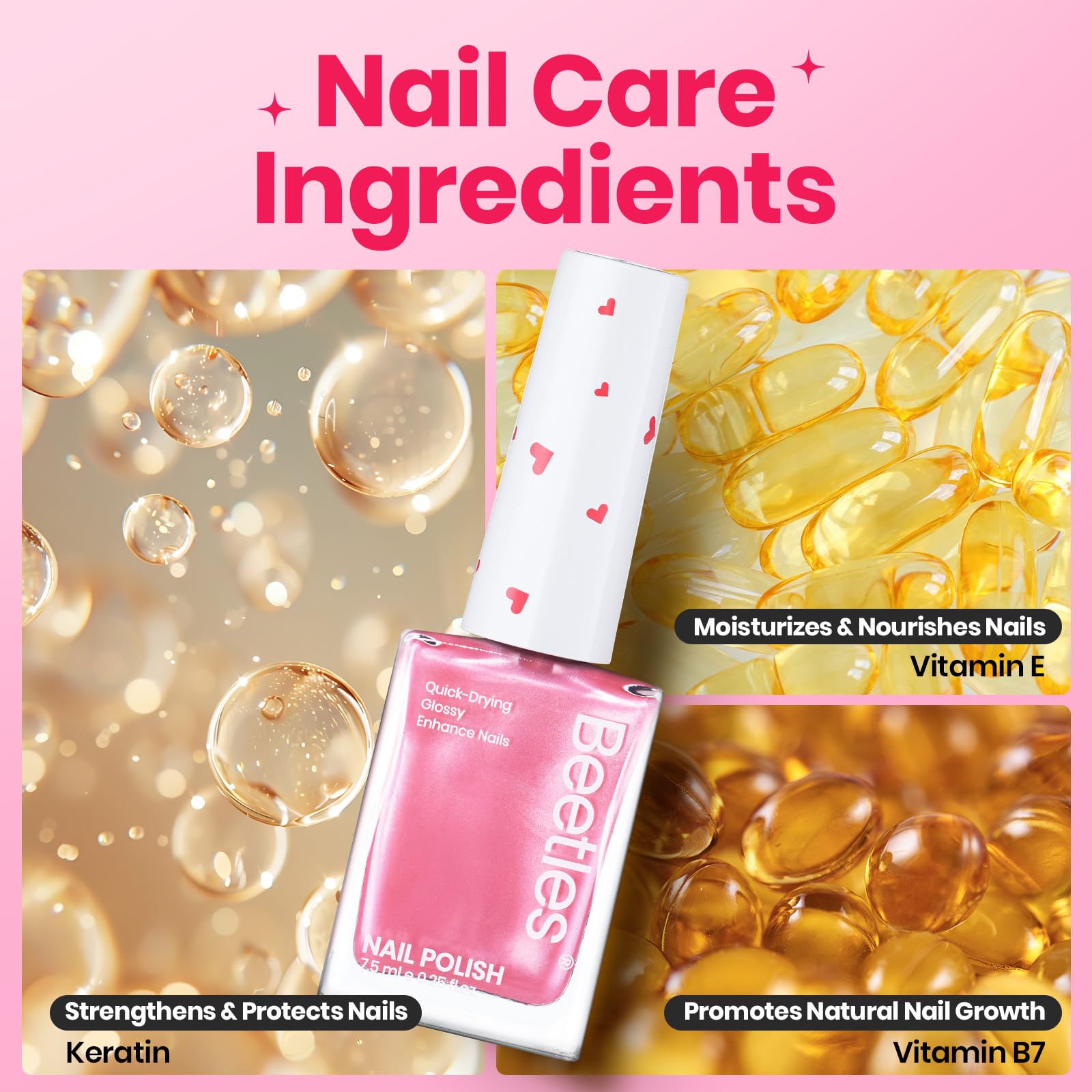 Beetles Pink Nail Polish Set – Hearts Aflutter (6 Colors): Quick Dry, Long-Lasting Glitter & Pearl Finish