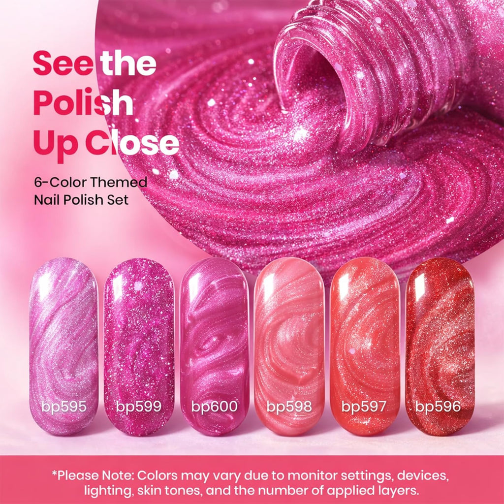 Beetles Pink Nail Polish Set – Hearts Aflutter (6 Colors): Quick Dry, Long-Lasting Glitter & Pearl Finish