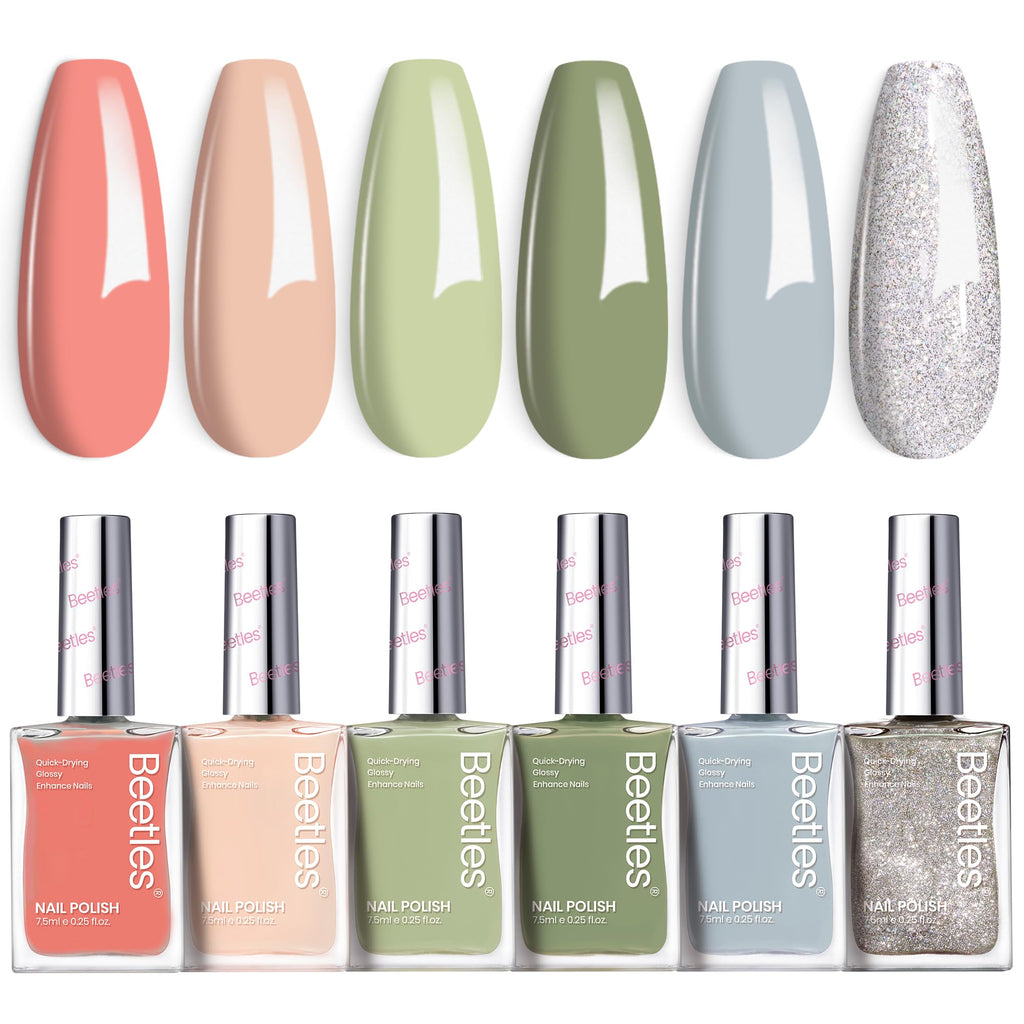 Beetles Nail Polish Set P176 – 6 Glitter Colors (Green/Nude/Pink) Fast-Drying & Long-Lasting