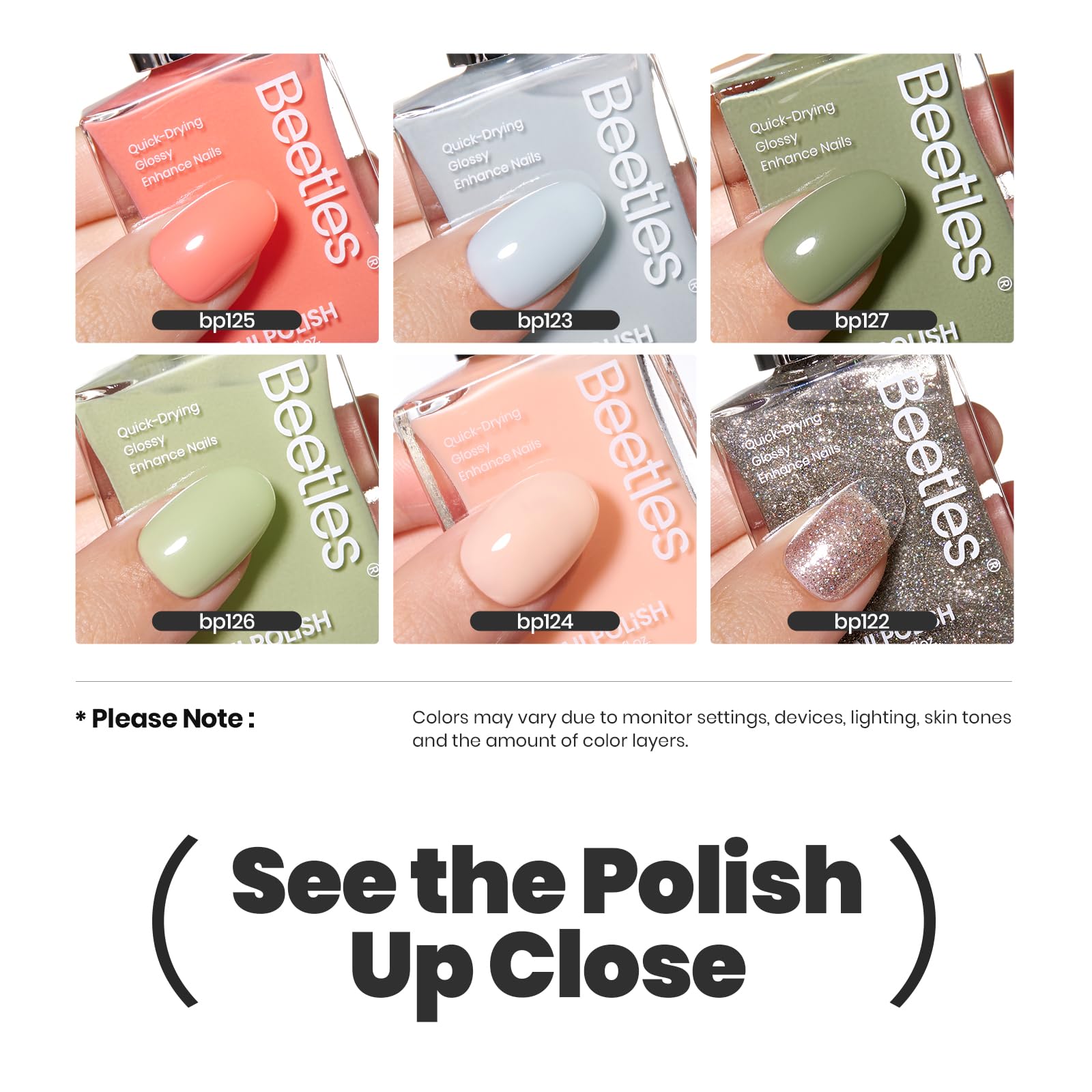 Beetles Nail Polish Set P176 – 6 Glitter Colors (Green/Nude/Pink) Fast-Drying & Long-Lasting