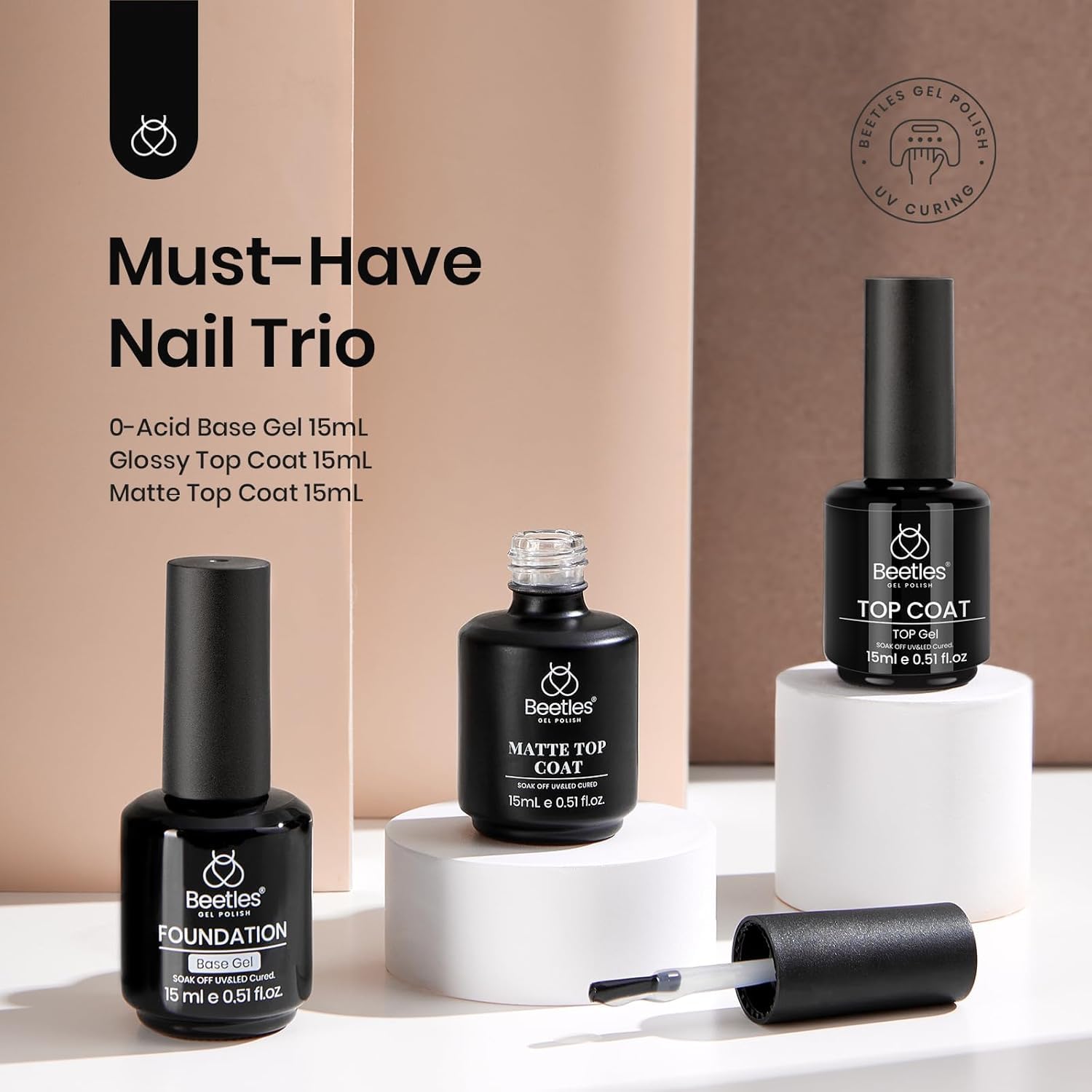 Beetles Matte Gel Top Coat No Wipe Set – 3x15ml Gel Nail Polish & Base Coat
