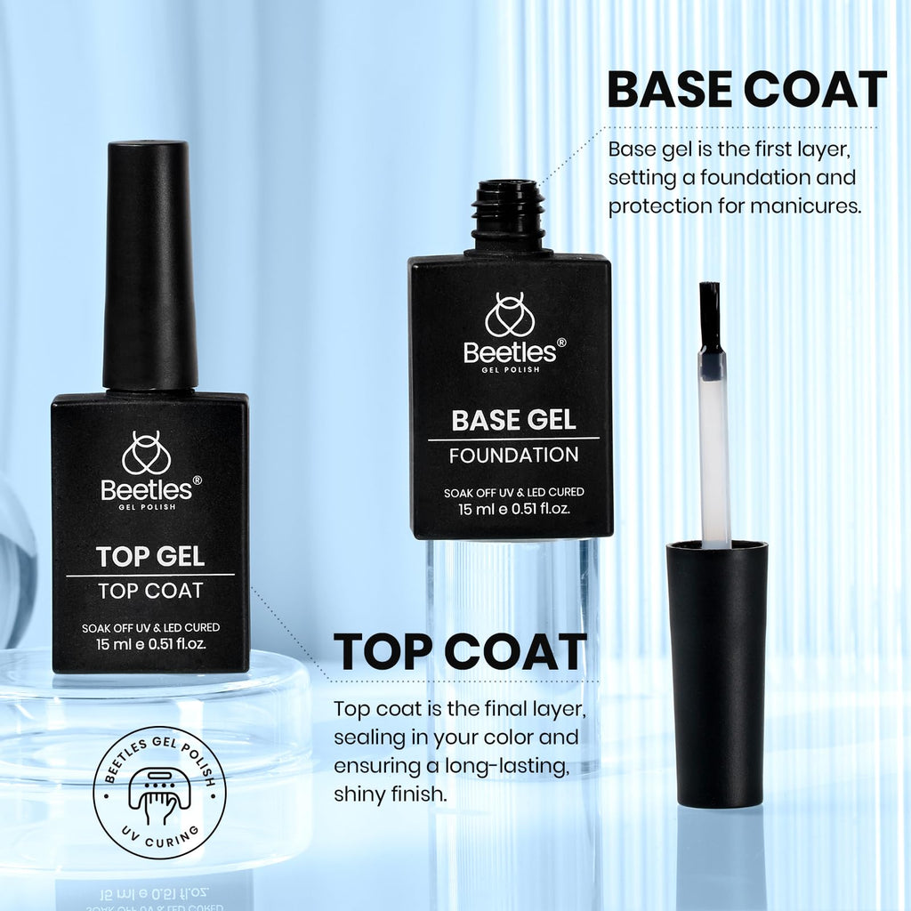 Beetles 4Pcs Gel Nail Prep Set: Base Coat, Top Coat, Dehydrator & Primer (Acid-Free, HEMA-Free) for Gel & Acrylic – Long-Lasting Professional Prep