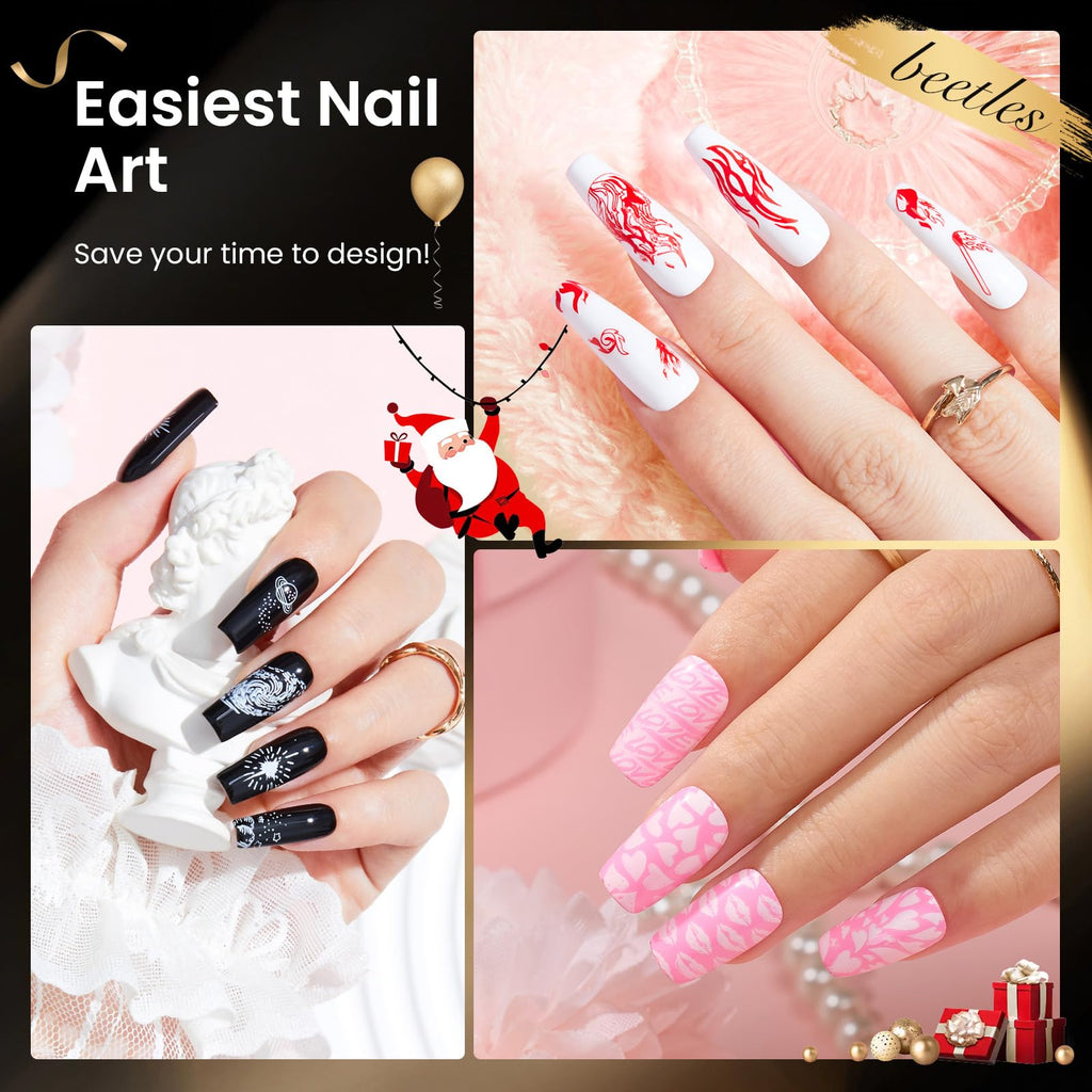 Beetles Nail Stamp Gel Kit – 16Pcs French Tip Set, 8 Colors, 5 Plates, Latex & Short Stamper