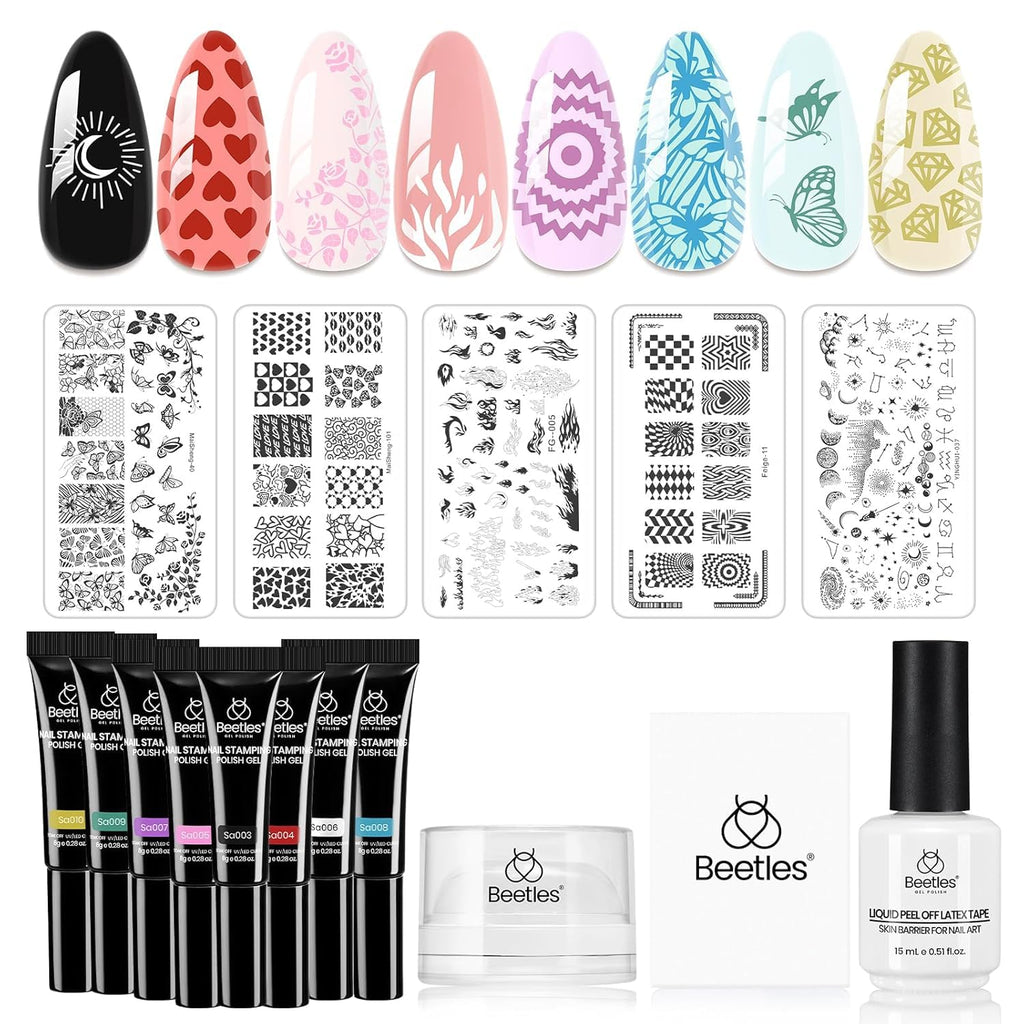 Beetles Nail Stamp Gel Kit – 16Pcs French Tip Set, 8 Colors, 5 Plates, Latex & Short Stamper