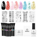 Beetles Nail Stamp Gel Kit – 16Pcs French Tip Set, 8 Colors, 5 Plates, Latex & Short Stamper