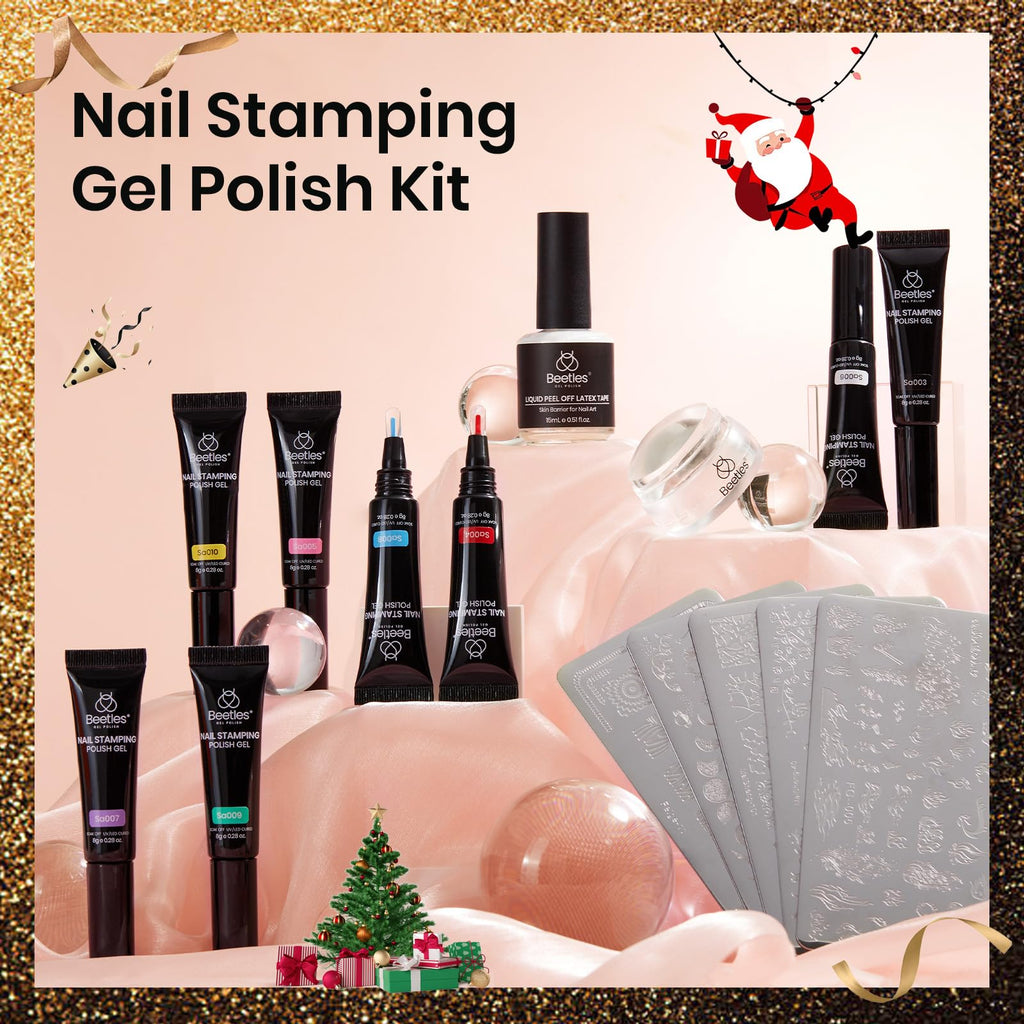 Beetles Nail Stamp Gel Kit – 16Pcs French Tip Set, 8 Colors, 5 Plates, Latex & Short Stamper