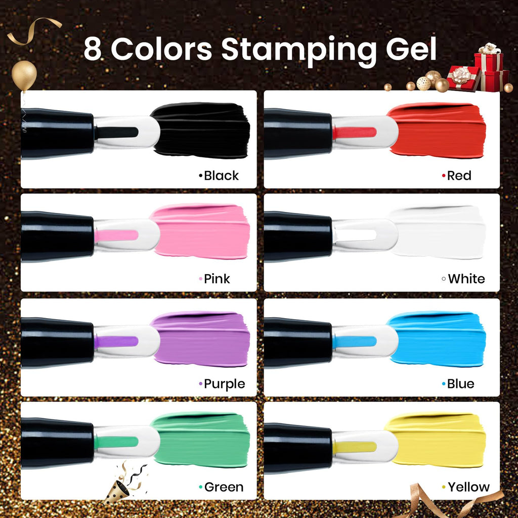 Beetles Nail Stamp Gel Kit – 16Pcs French Tip Set, 8 Colors, 5 Plates, Latex & Short Stamper