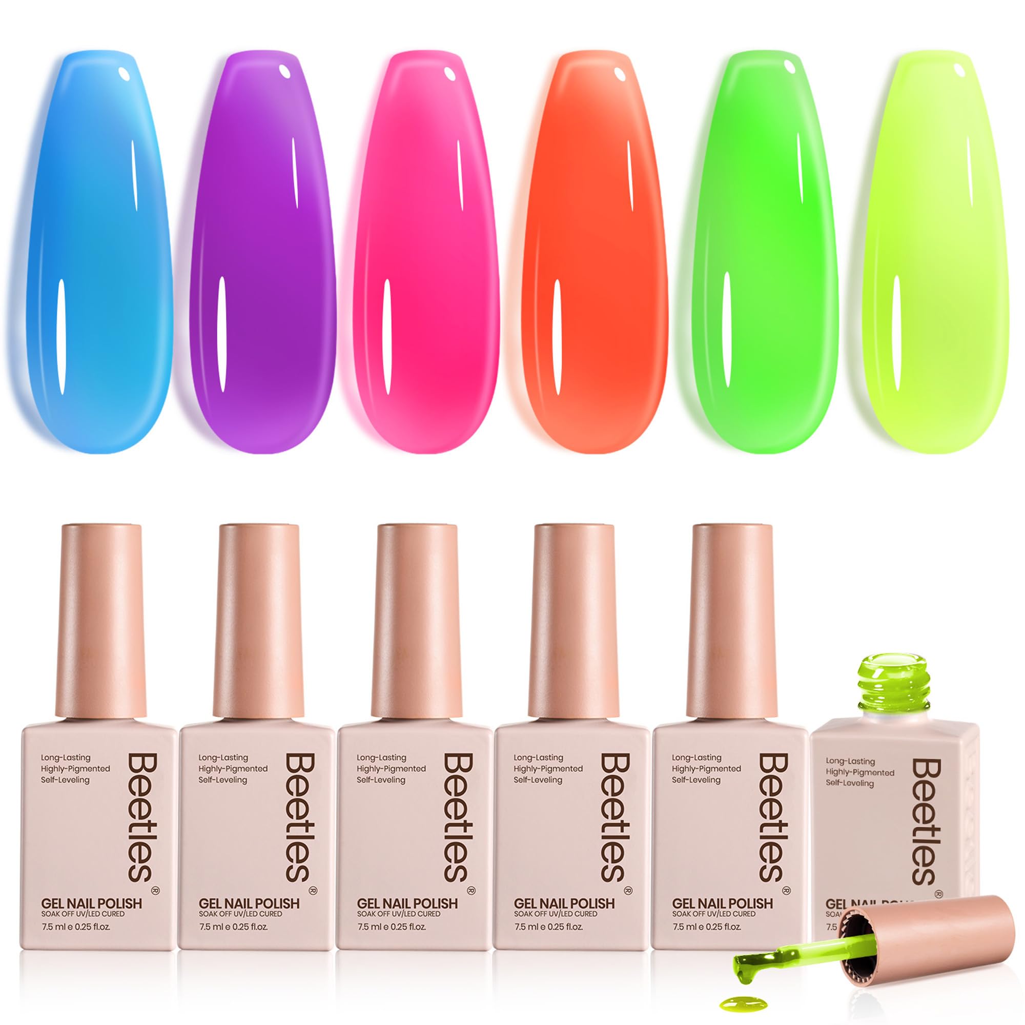 Beetles Neon Gel Nail Polish Set — 6 Jelly Neon Colors (7.5ml) UV Soak-Off
