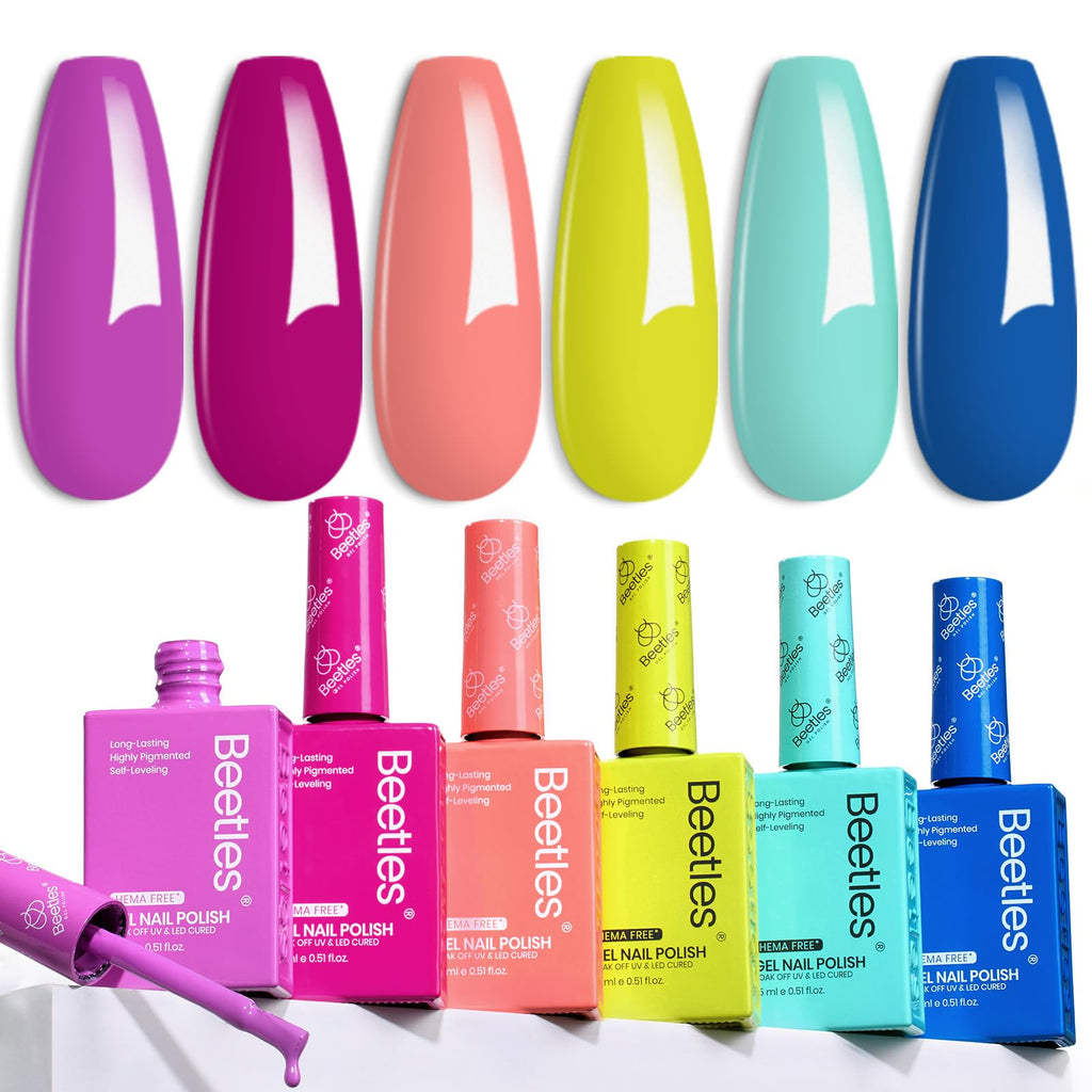 Beetles Spring Gel Nail Polish Set – 6 Neon Colors, Hema Free, 15ml | UV/LED Soak Off Gel Kit