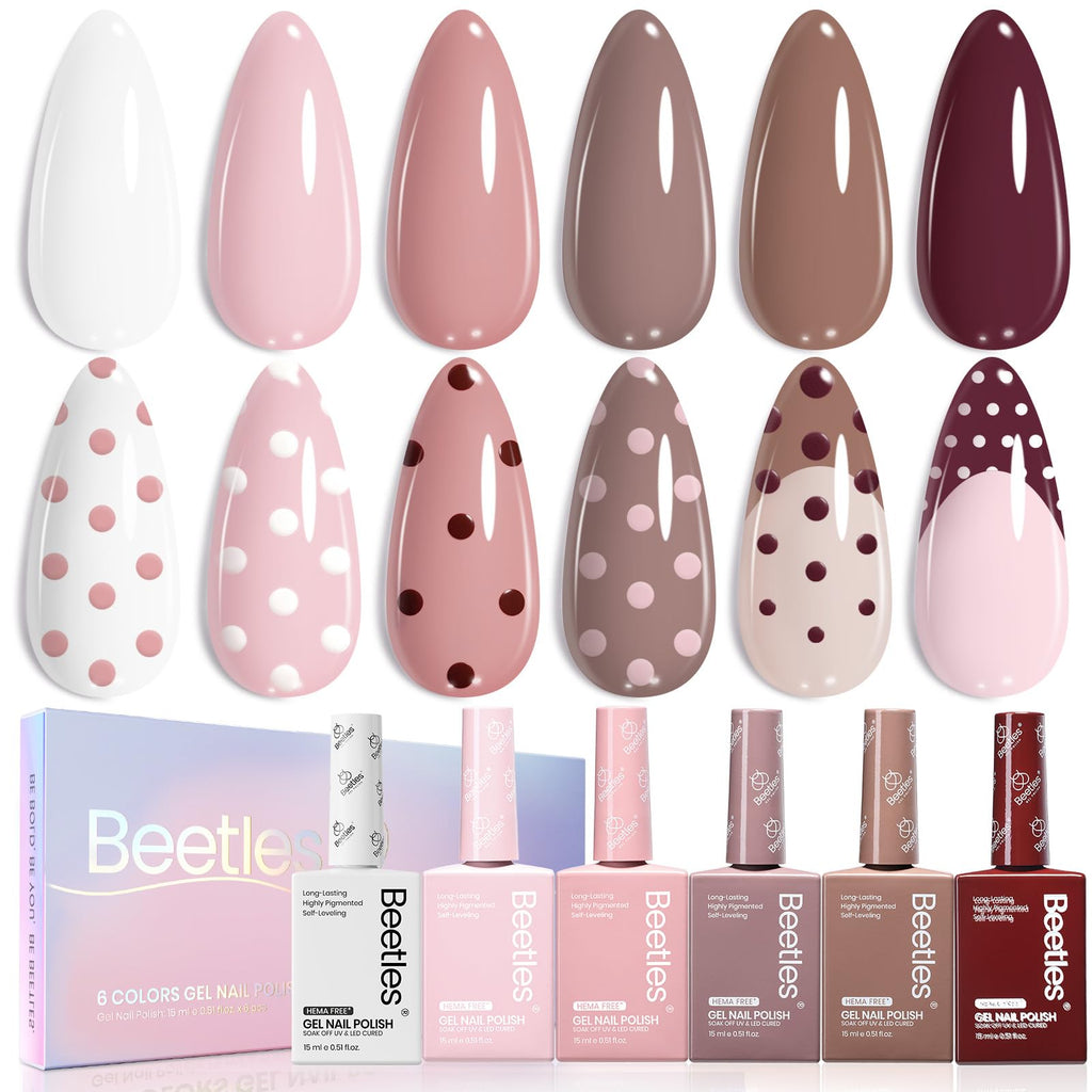 Beetles Neutral Gel Polish Set – 6 HEMA-Free Nude Brown Shades, Same-Color Bottle, Soak-Off UV/LED