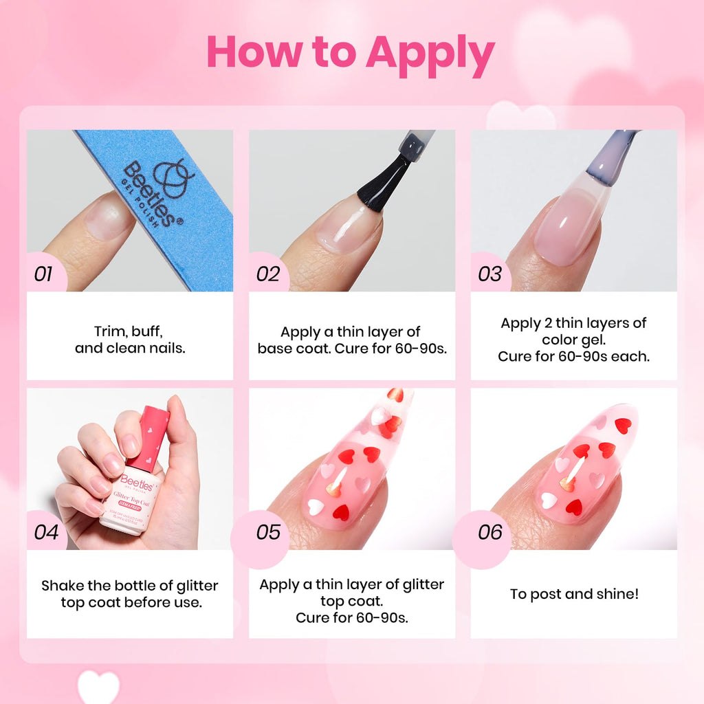 Beetles Valentine's Day Heart Gel Top Coat 15ml – HEMA-Free Glitter Shine, No Wipe, 21 Day Wear