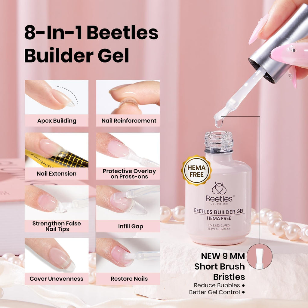 Beetles Gel Polish 4Pcs 15ml HEMA-Free Nail Tips Glue Kit with Builder Gel, No Wipe Top Coat & Portable Nail Lamp