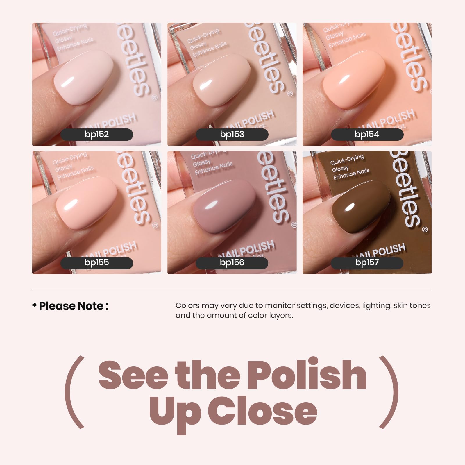 Beetles Nude Nail Polish Set (6 Pcs) – Quick-Dry Neutral Pink-Brown Shades | Salon-Quality, Coconut Mousse