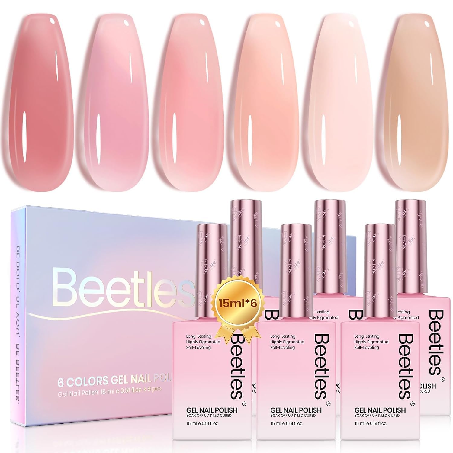 Beetles Nude Pink Gel Nail Polish Set – 6 Jelly Shades, 15ml, Cruelty-Free