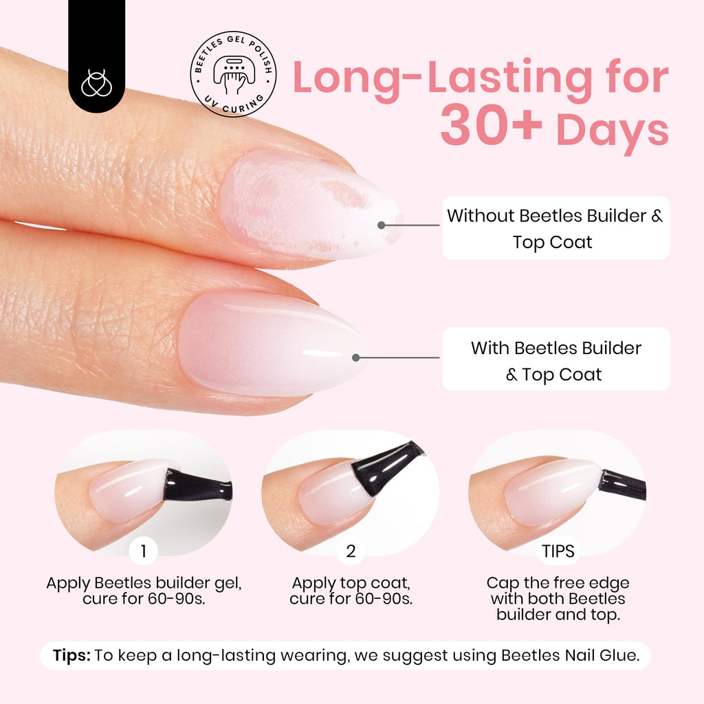 Beetles Ombre Press On Nails – 224 Pcs Short Almond Pink Gel Tips, 4-in-1 Pre-Prime/Base/Color/File