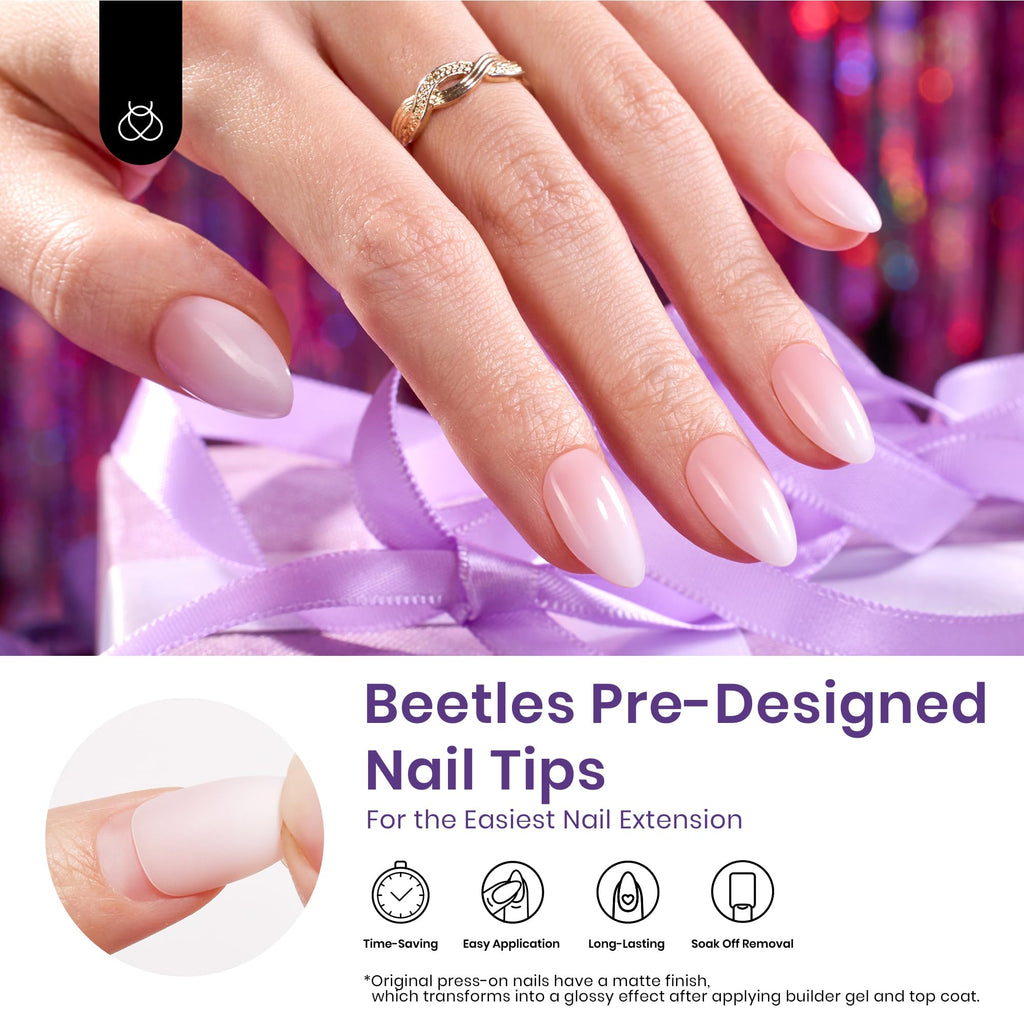 Beetles Ombre Press On Nails – 224 Pcs Short Almond Pink Gel Tips, 4-in-1 Pre-Prime/Base/Color/File