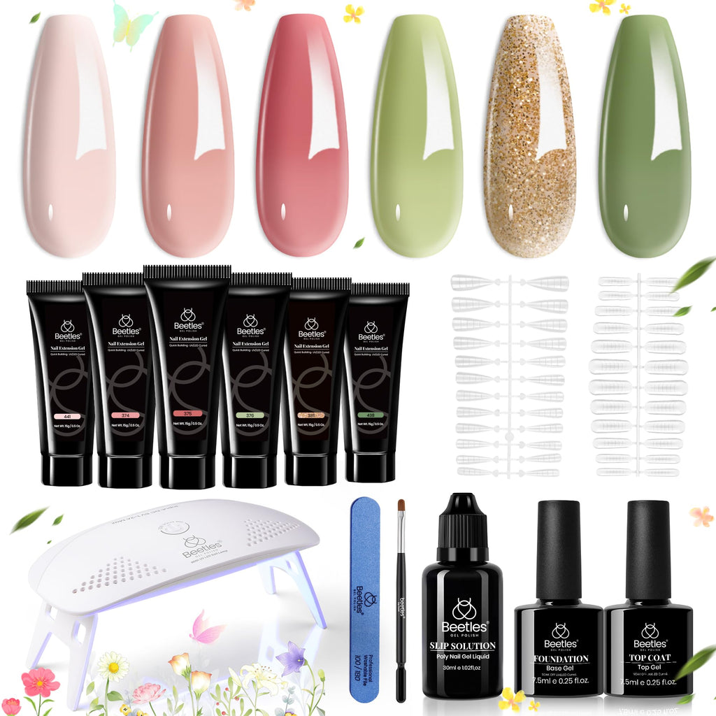 Beetles Pastel Poly Nail Gel Kit 12Pcs – Green Pink Glitter Extension Set