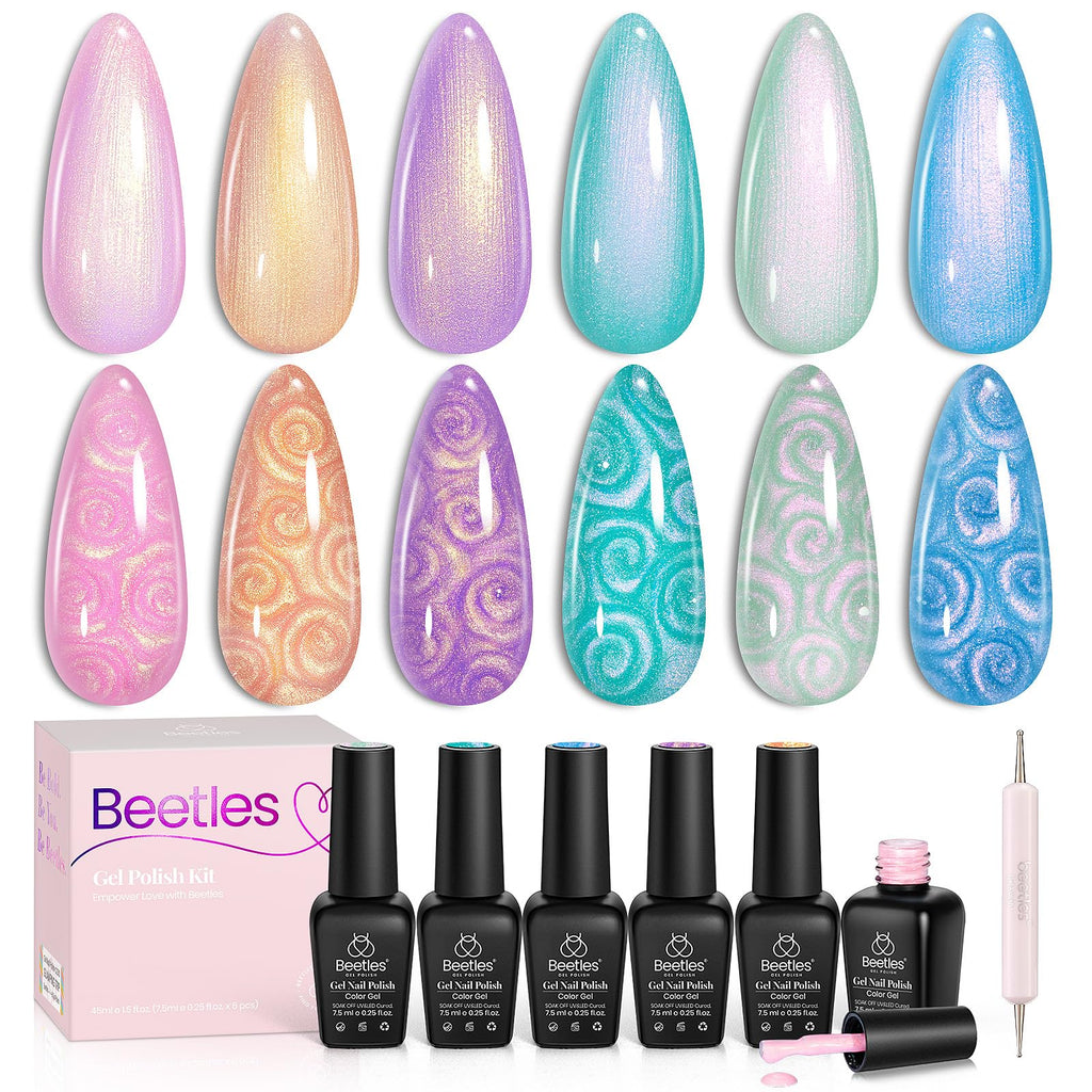 Beetles Pearl Gel Polish – 6-Color Shimmer Set with Mermaid Swirl Finish