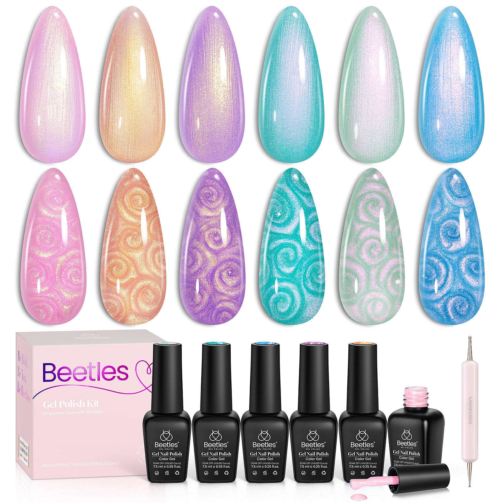 Beetles Pearl Gel Polish – 6-Color Shimmer Set with Mermaid Swirl Finish