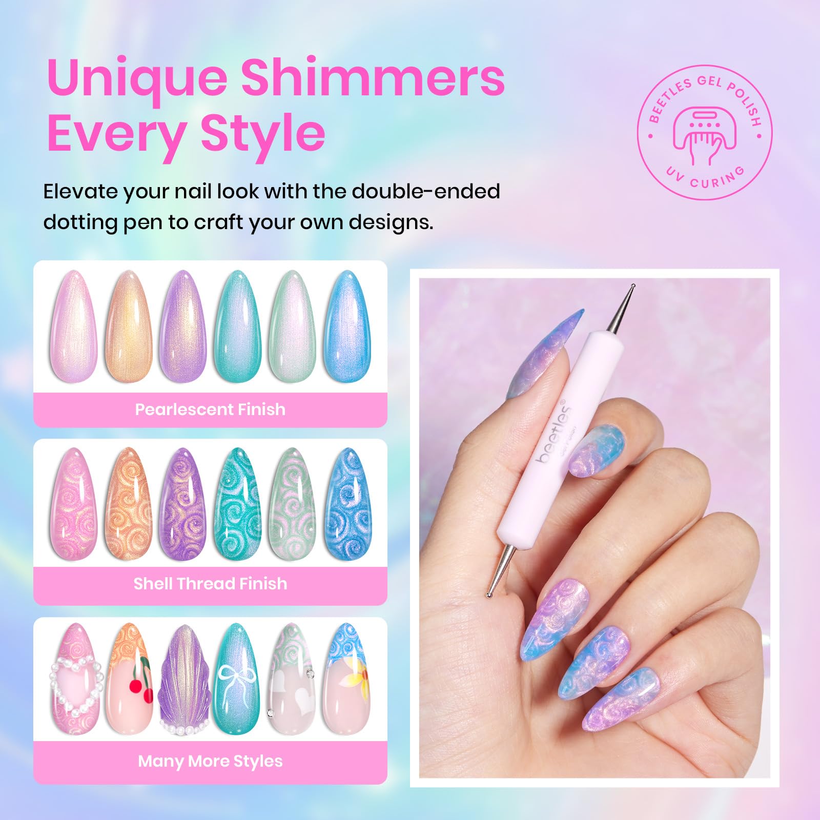 Beetles Pearl Gel Polish – 6-Color Shimmer Set with Mermaid Swirl Finish