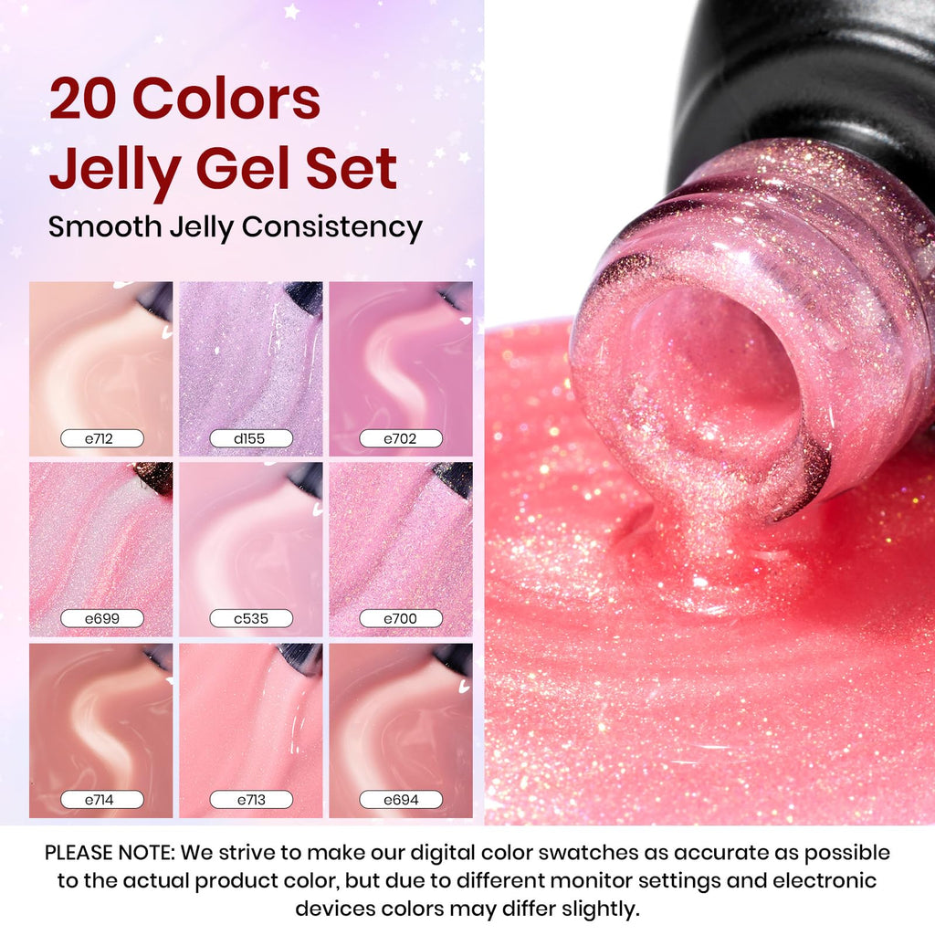 Beetles Jelly Gel Nail Polish Set – 25Pcs, 20 Colors, Soak-Off UV Gel Kit + Base Coat, Top Coats, Pearls