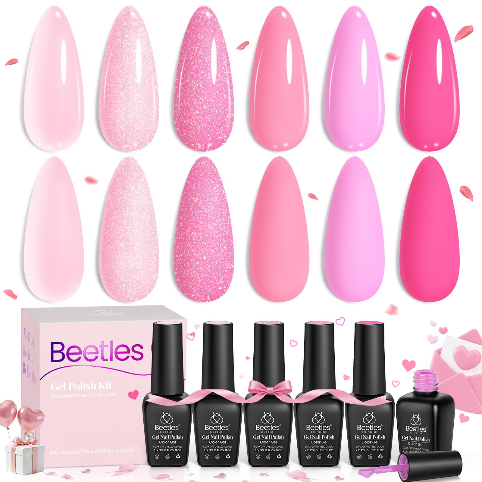 Beetles Pink Gel Nail Polish Set – 6 Pink Shades, Soak-Off UV/LED