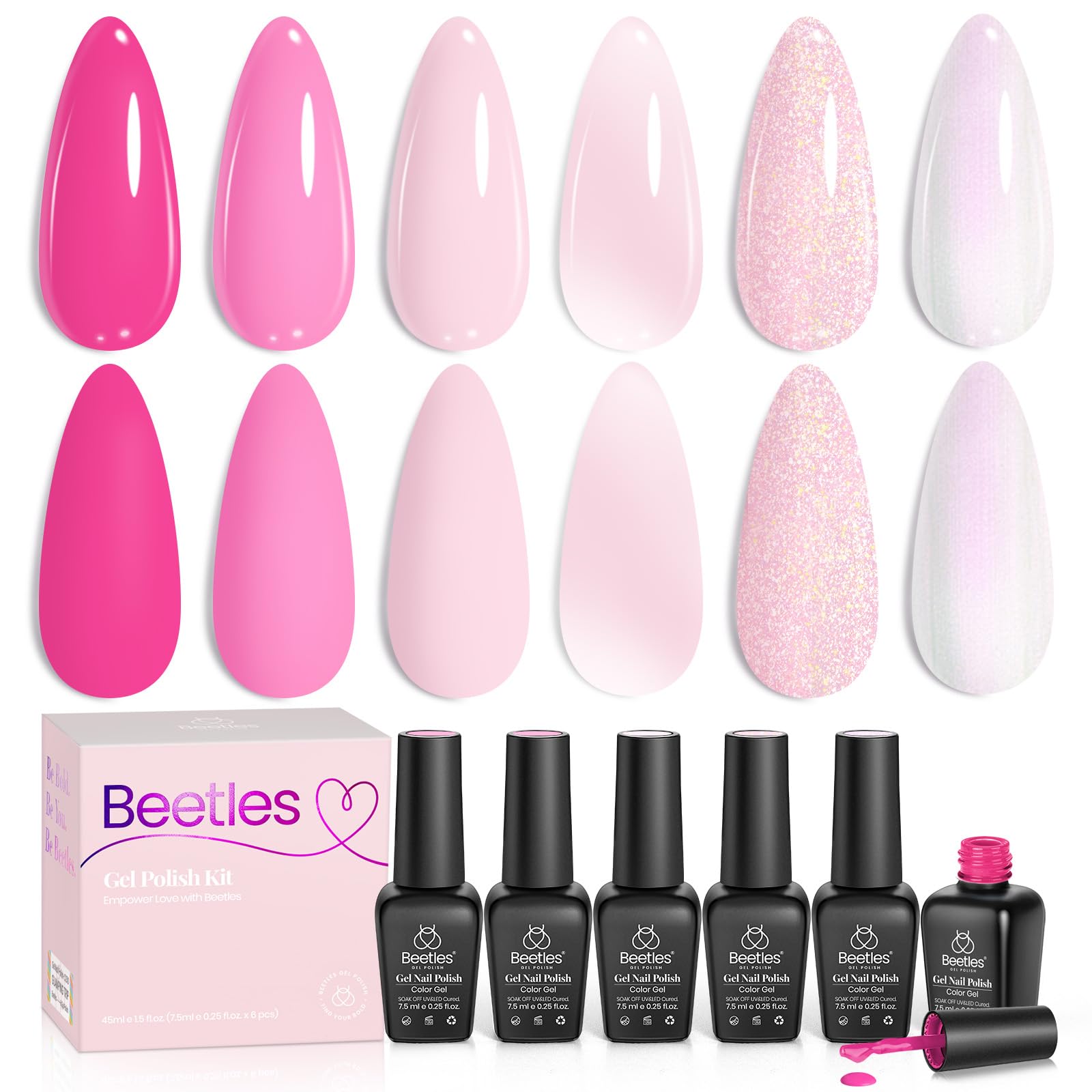 Beetles Pink Gel Nail Polish Set – Blush Cotton, 6 Shades, Soak-Off UV/LED