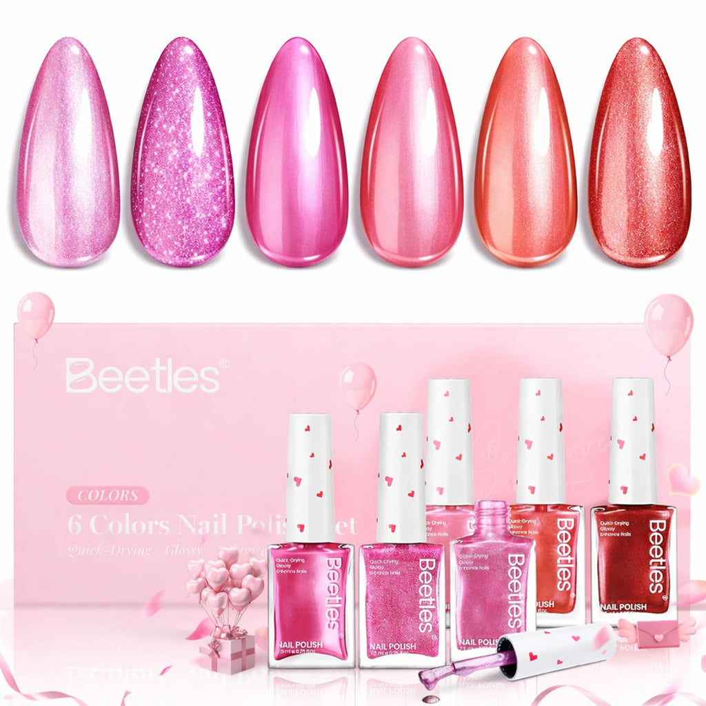 Beetles Pink Nail Polish Set – Hearts Aflutter (6 Colors): Quick Dry, Long-Lasting Glitter & Pearl Finish