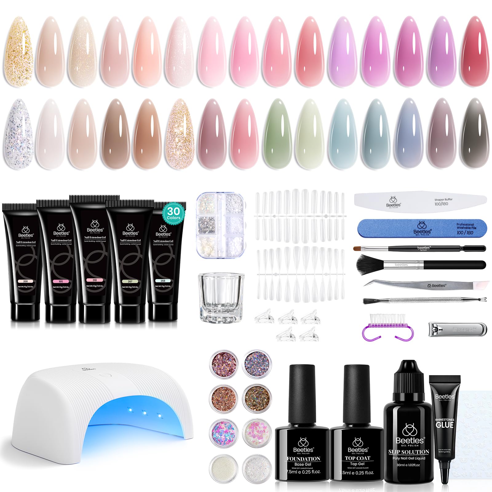 Beetles 30 Colors Poly Extension Gel Nail Kit with UV Lamp – All-in-One Starter Set