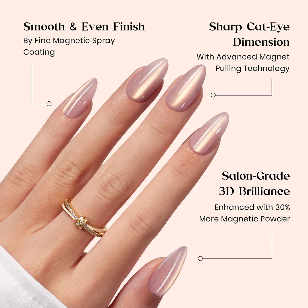 Beetles X Press Cat Eye Nails Kit - 7 Colors Nude Cat Eye Press On Nails Medium Almond | 224Pcs 16 Sizes All-in-One Kit With Nail Glue, Remover, Builder Top Coat, Nail Lamp