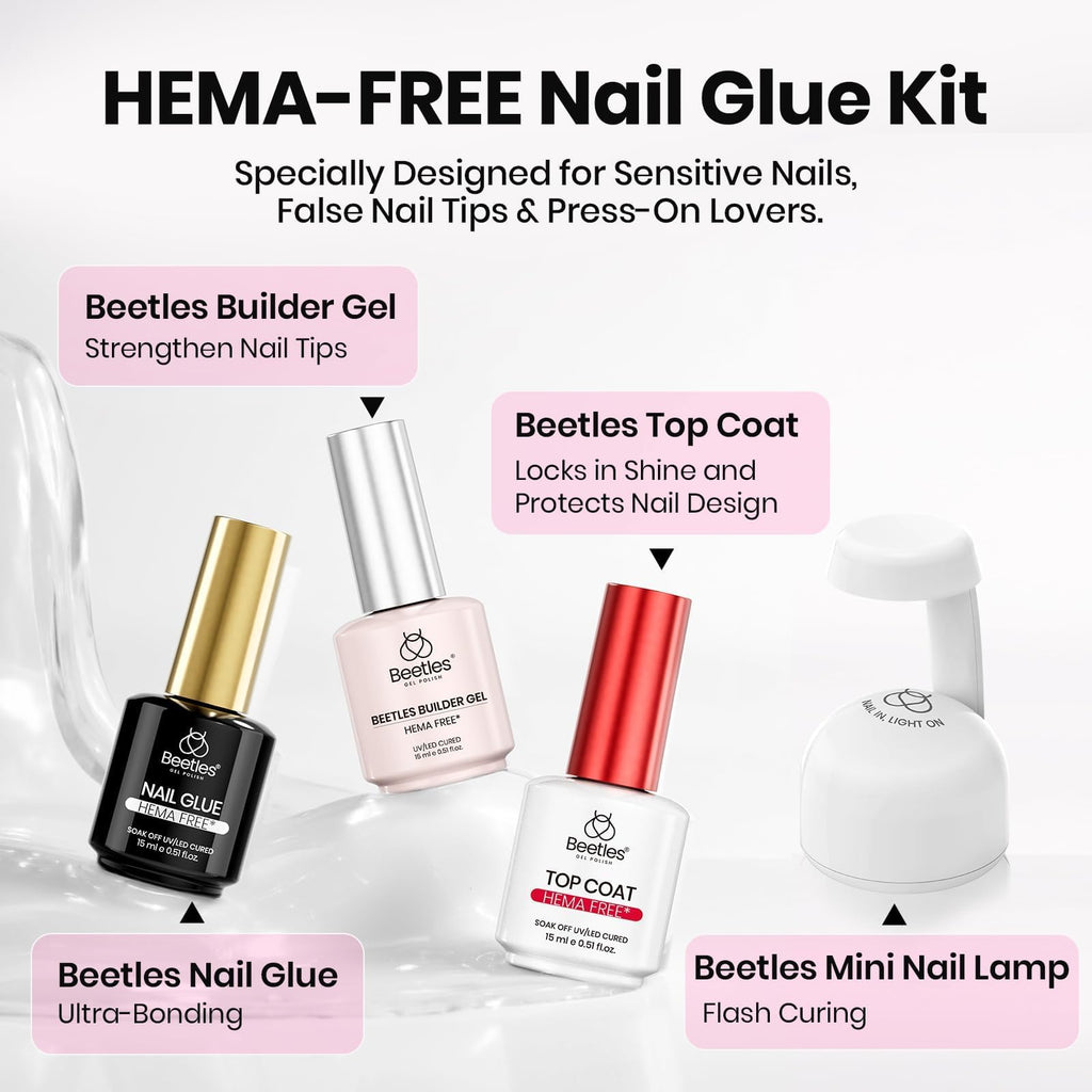 Beetles Gel Polish 4Pcs 15ml HEMA-Free Nail Tips Glue Kit with Builder Gel, No Wipe Top Coat & Portable Nail Lamp
