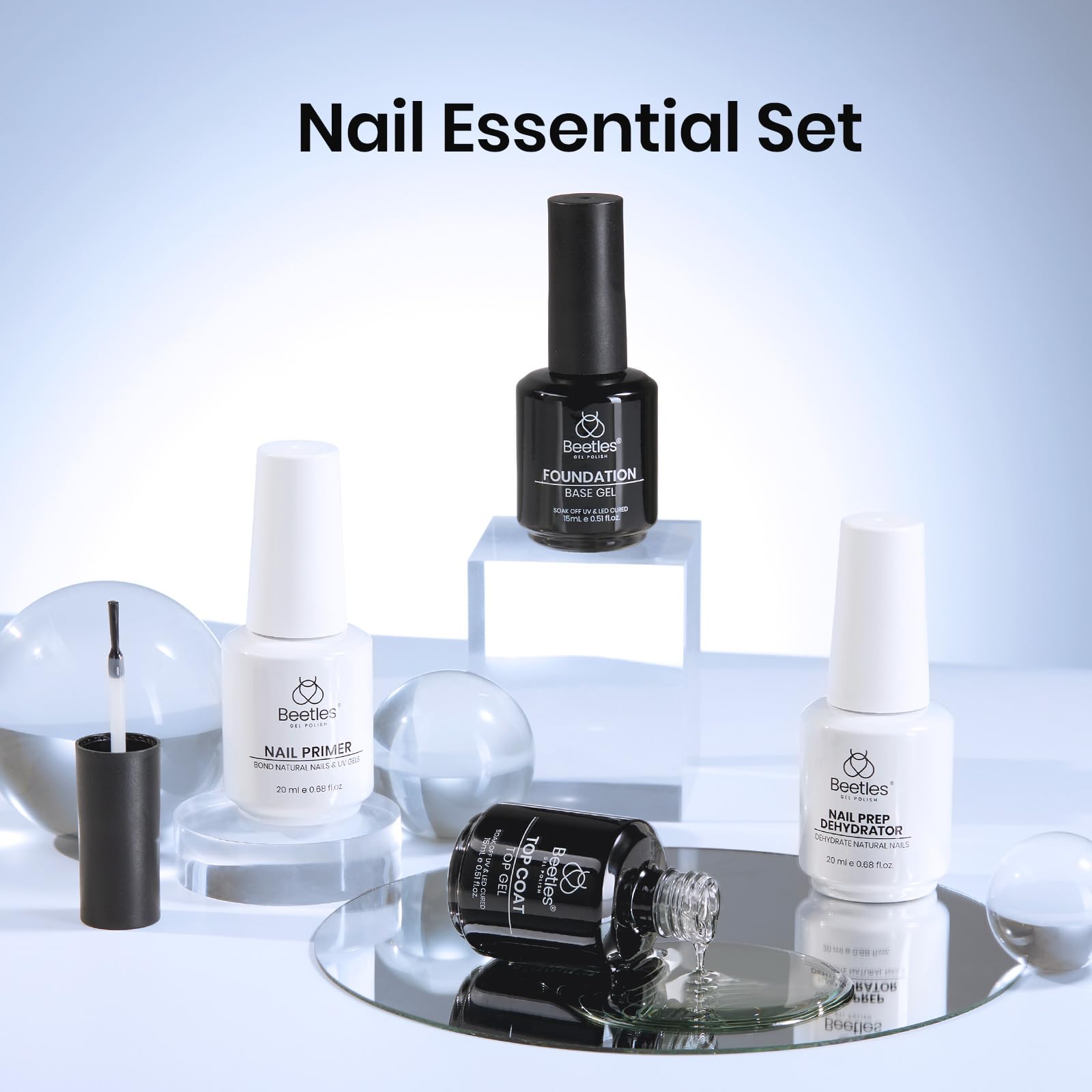 Beetles Base Coat & Top Coat Kit with Nail Dehydrator & Primer – HEMA-Free, Acid-Free Nail Prep