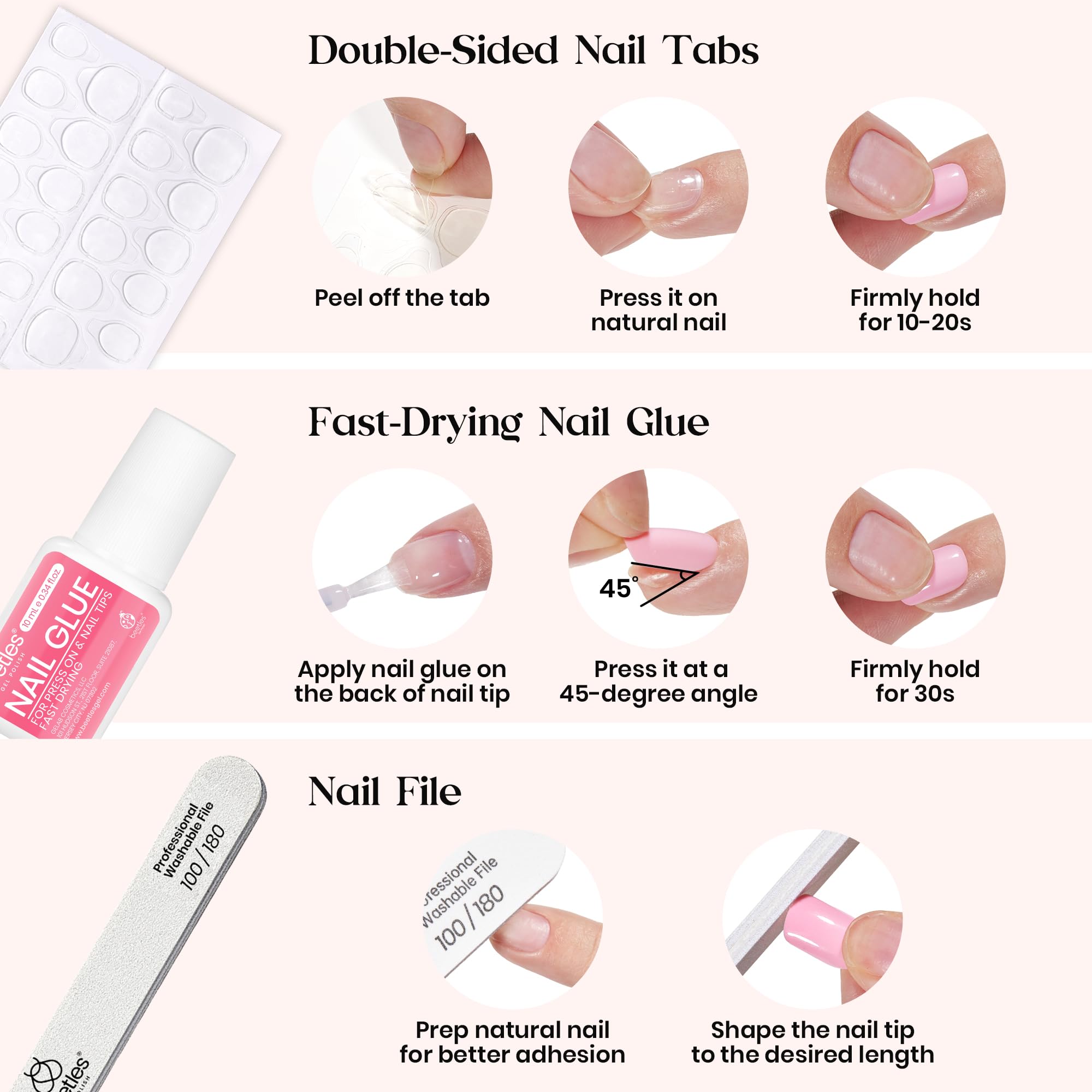 Beetles Press On Nails Kit Rainbow Gleam – 720 Pcs, 24 Colors, Short Almond, Matte & Glossy
