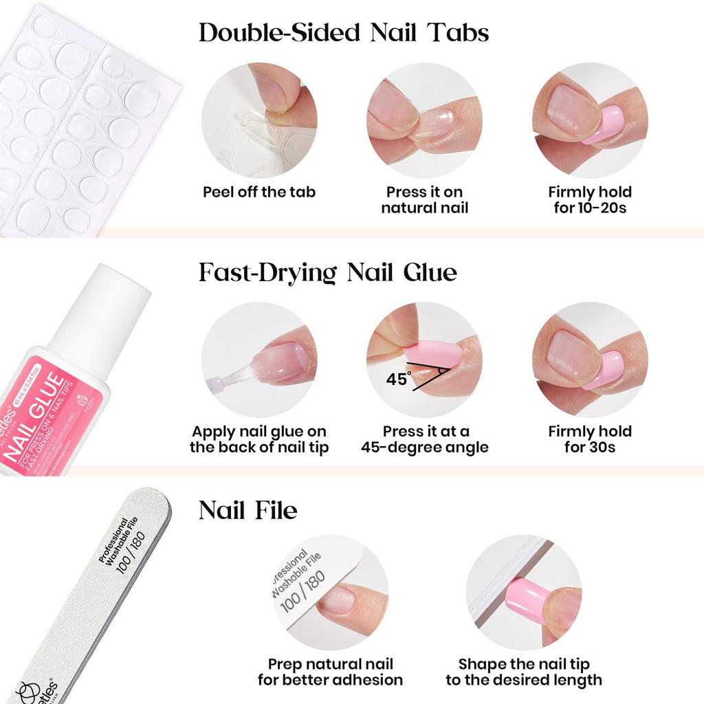 Beetles Press On Nails Kit – 720 Pcs, 24 Colors, Short Almond, Glue & Tabs Included