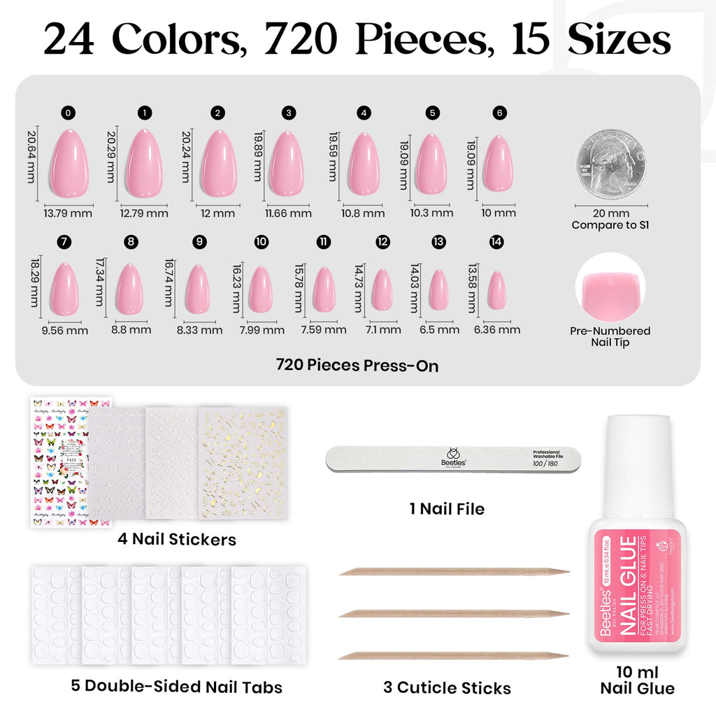 Beetles Press On Nails Kit – 720 Pcs, 24 Colors, Short Almond, Glue & Tabs Included