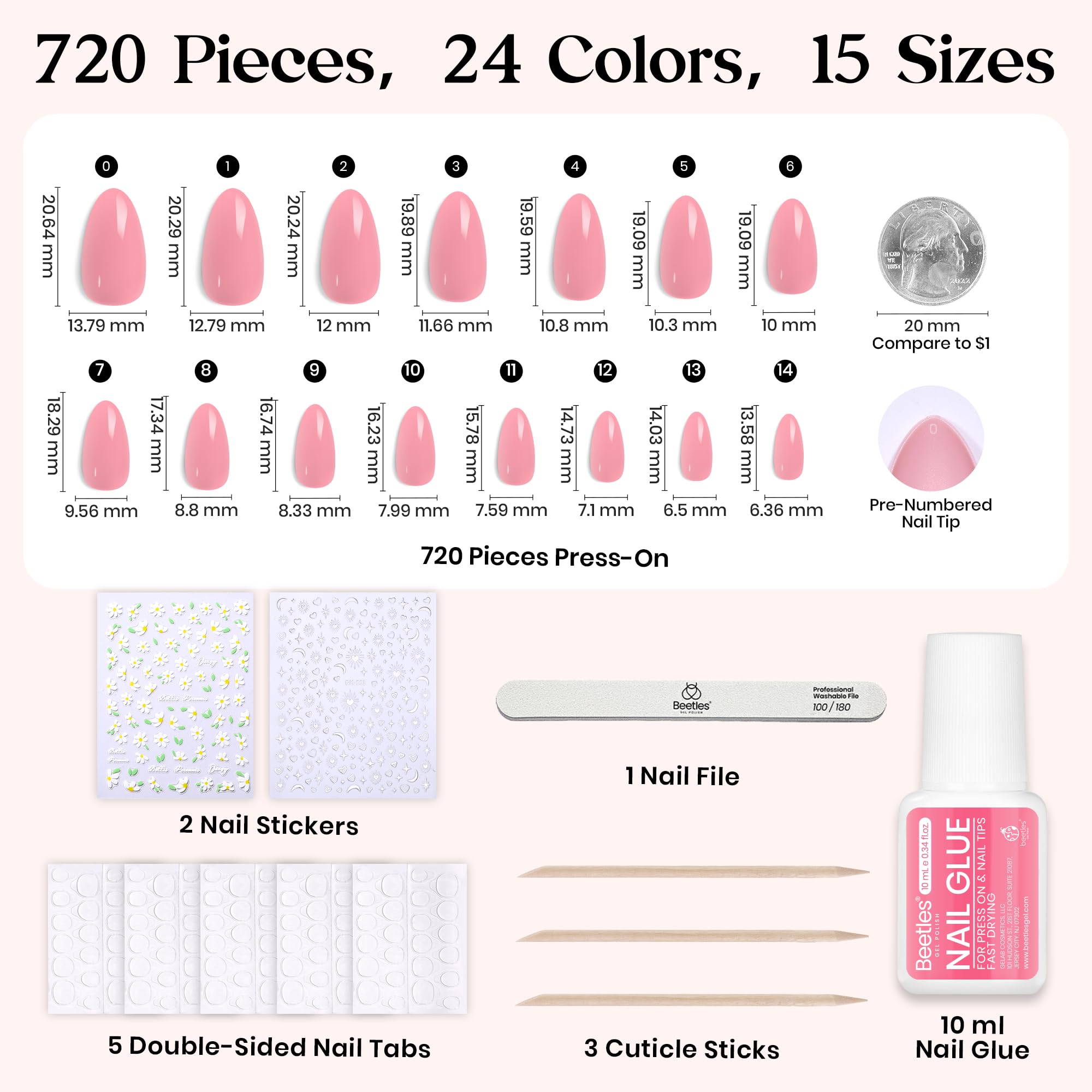 Beetles Press On Nails Kit Rainbow Gleam – 720 Pcs, 24 Colors, Short Almond, Matte & Glossy