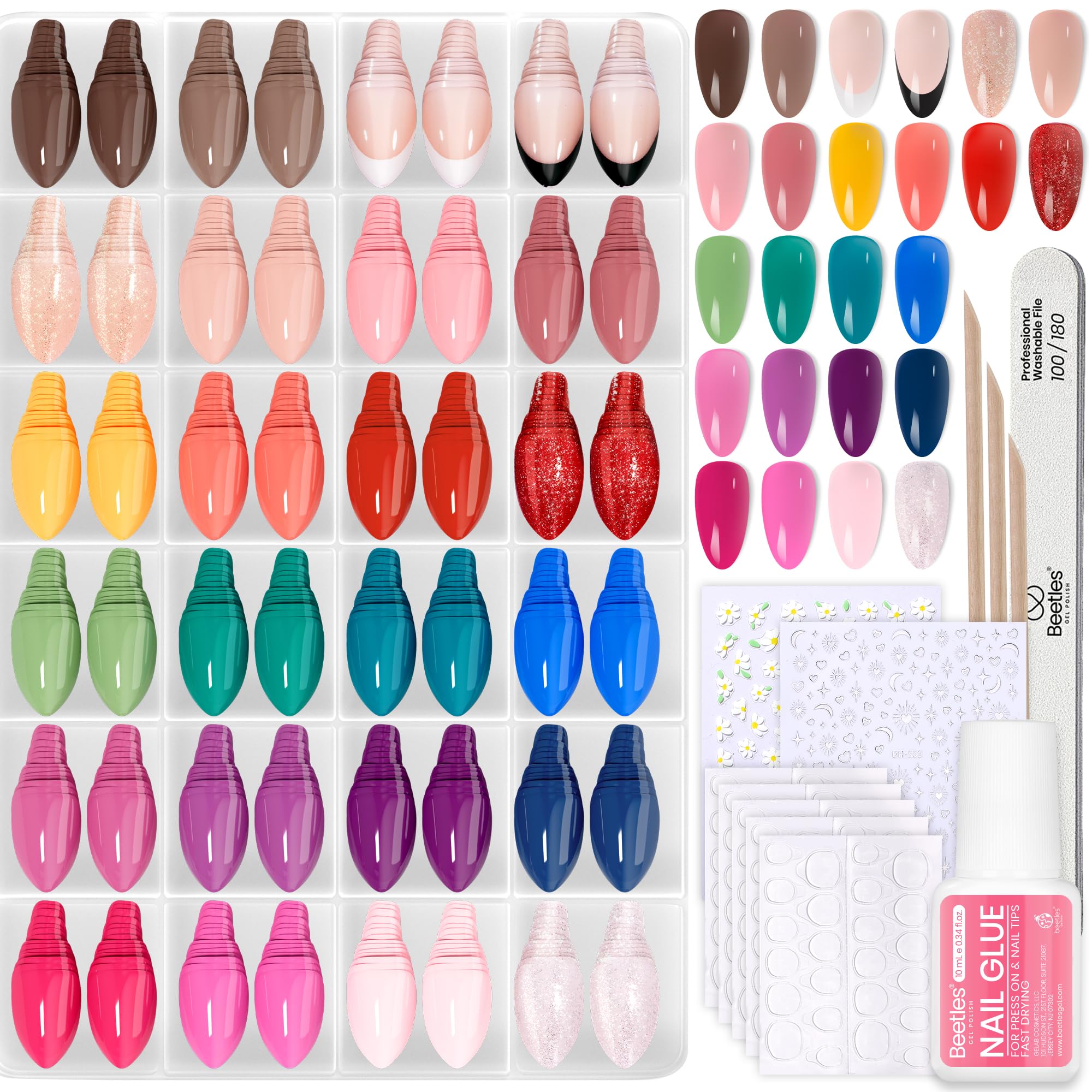 Beetles Press On Nails Kit Rainbow Gleam – 720 Pcs, 24 Colors, Short Almond, Matte & Glossy