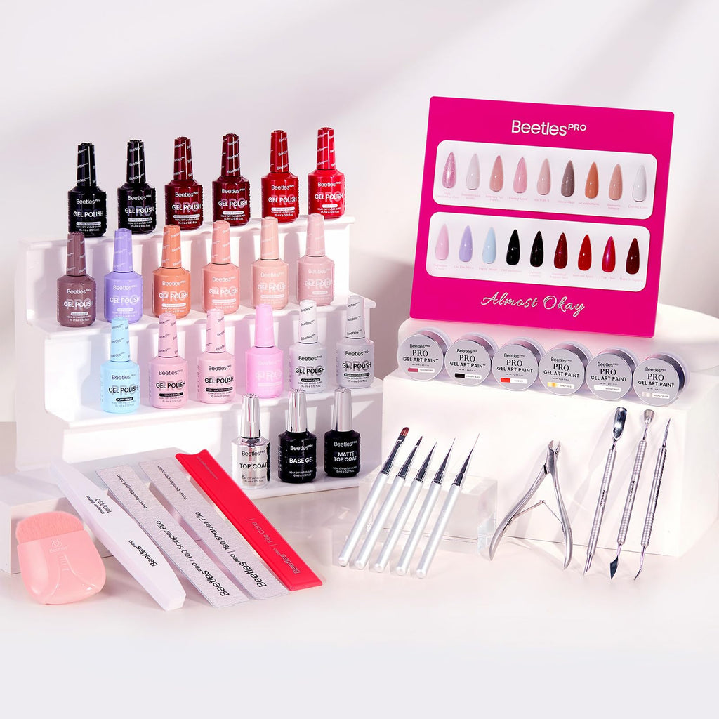 Beetles PRO Gel Polish Kit – Almost Okay Collection, 18 Colors, Base Coat, Glossy & Matte Top Coats, 6 Gel Art Paints, and Tools