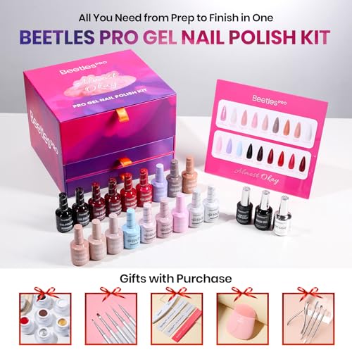 Beetles PRO Gel Polish Kit – Almost Okay Collection, 18 Colors, Base Coat, Glossy & Matte Top Coats, 6 Gel Art Paints, and Tools